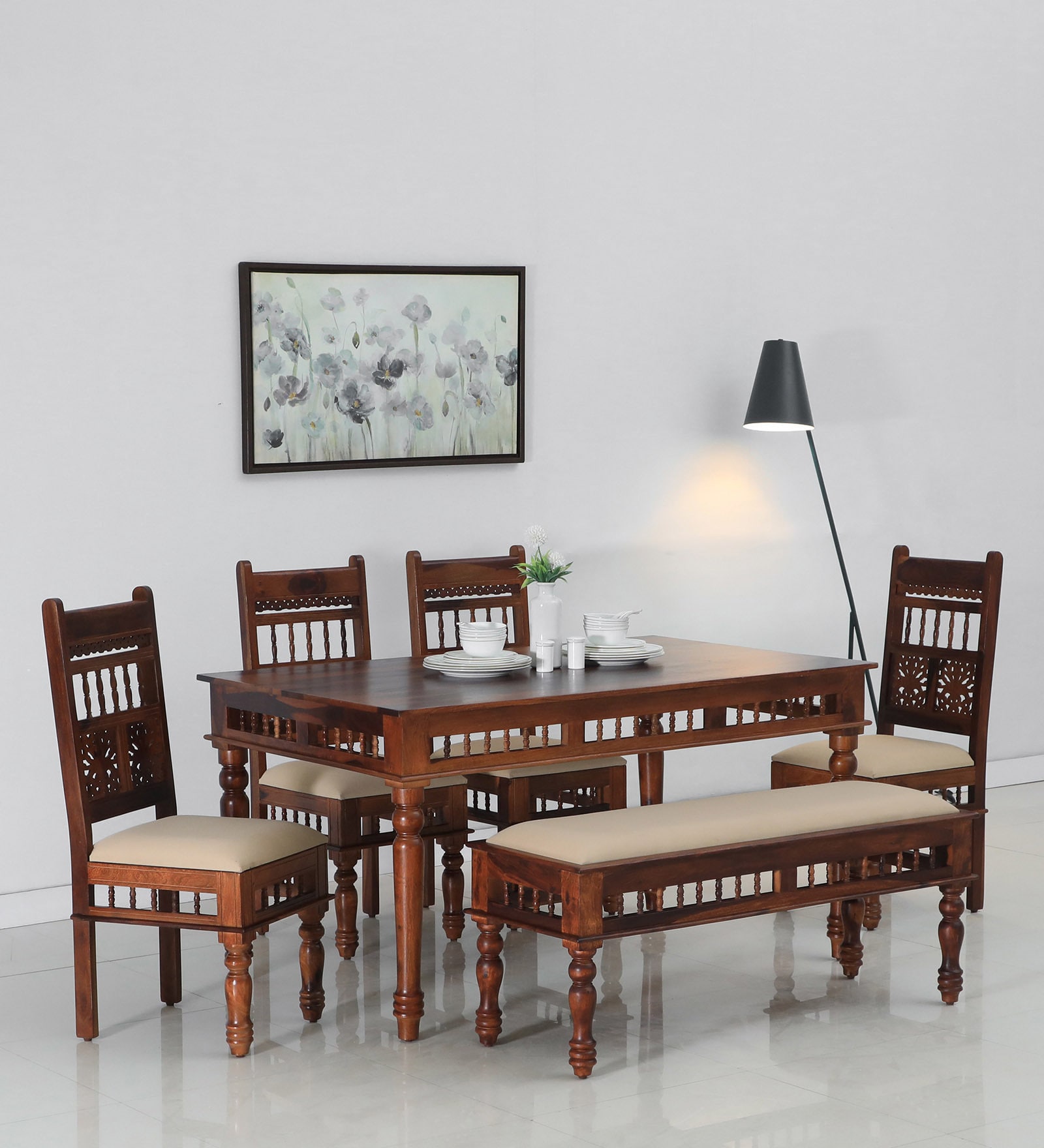 Aramika Sheesham Wood 6 Seater Dining Set In Scratch Resistant Honey Oak Finish With Bench