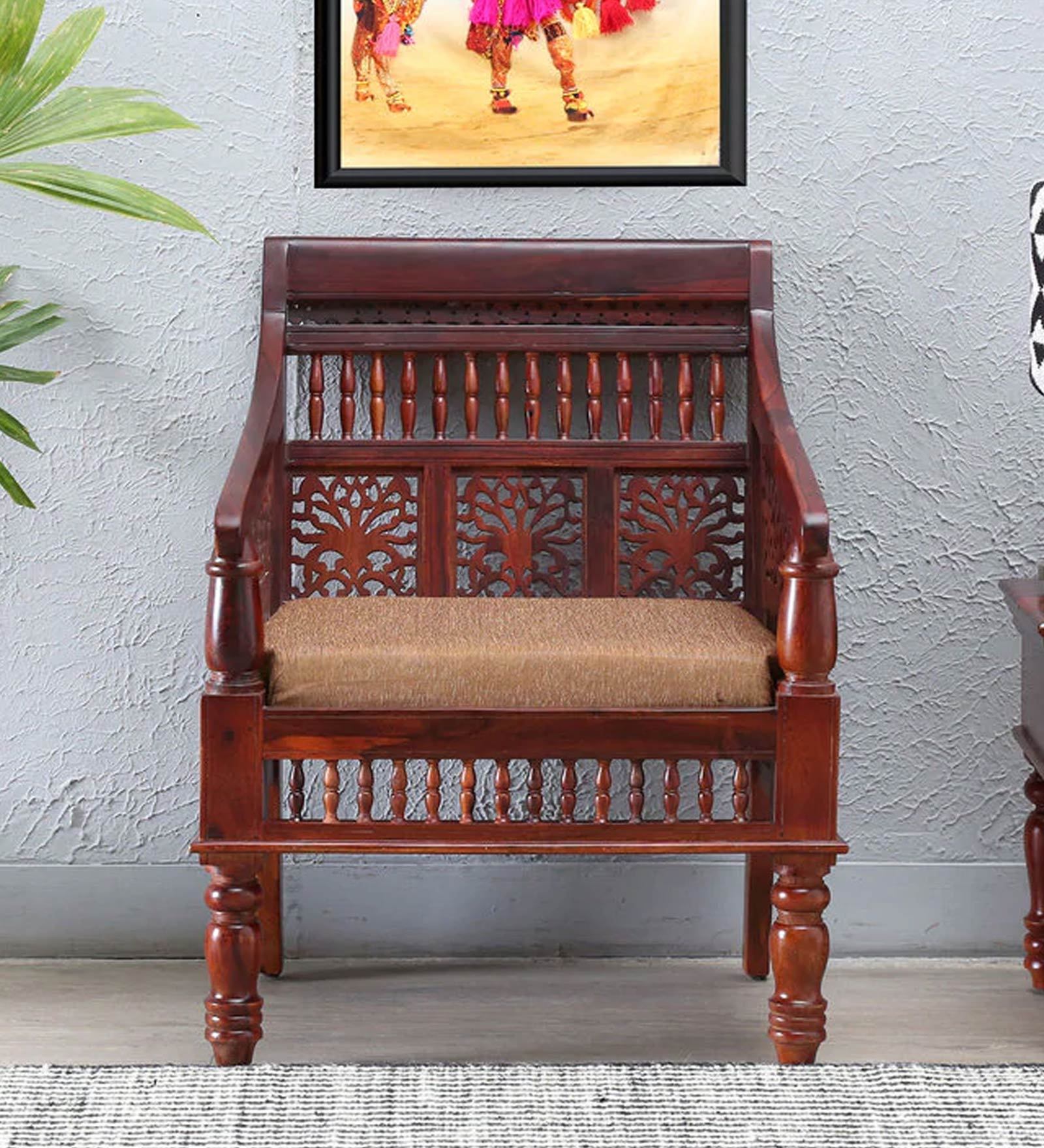 Aramika Solid Wood 1 Seater Sofa in Honey Oak Finish