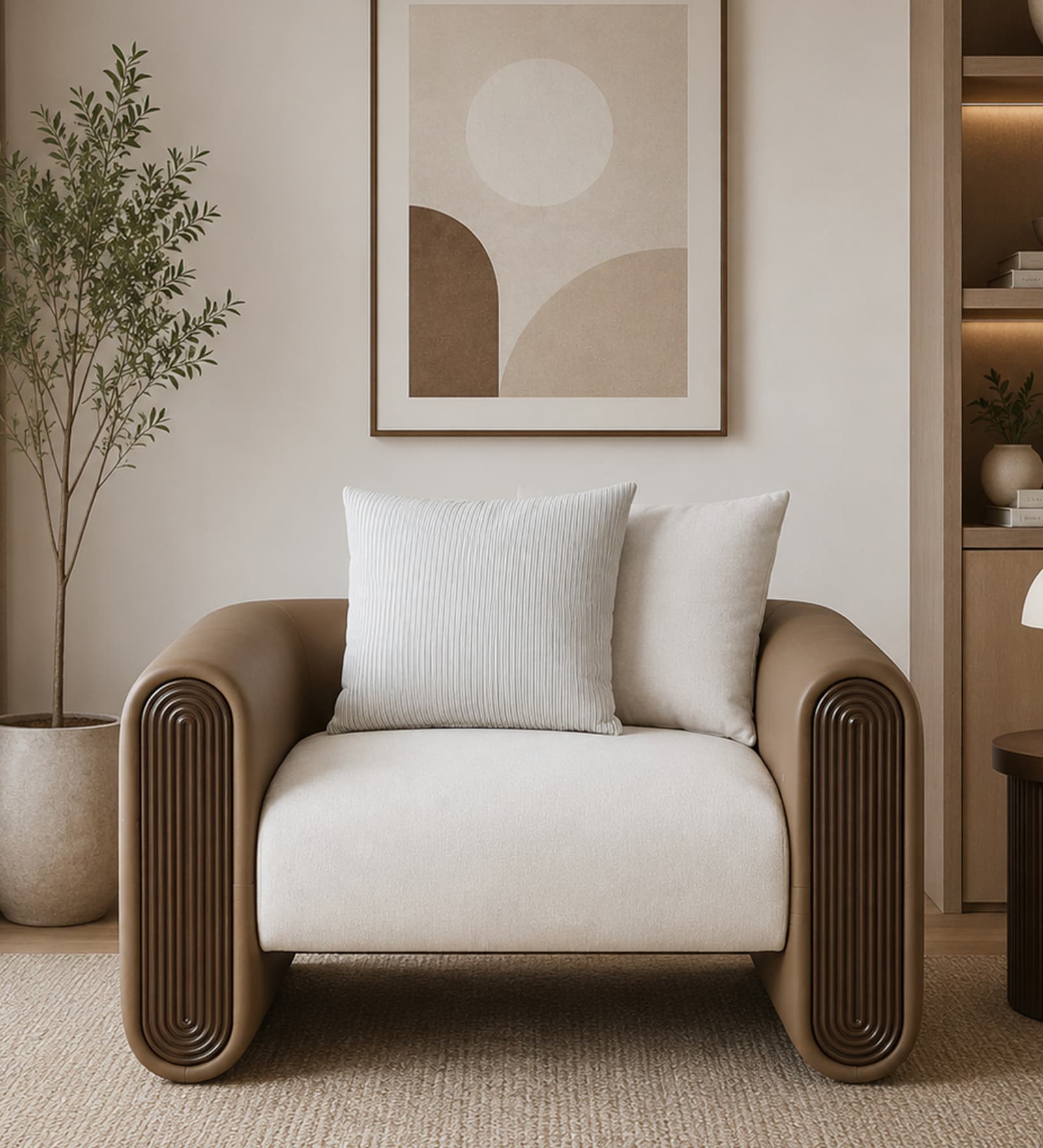 Arcade Leatherette 1 Seater Sofa with Solid Wood Fluting and Fabric Seat