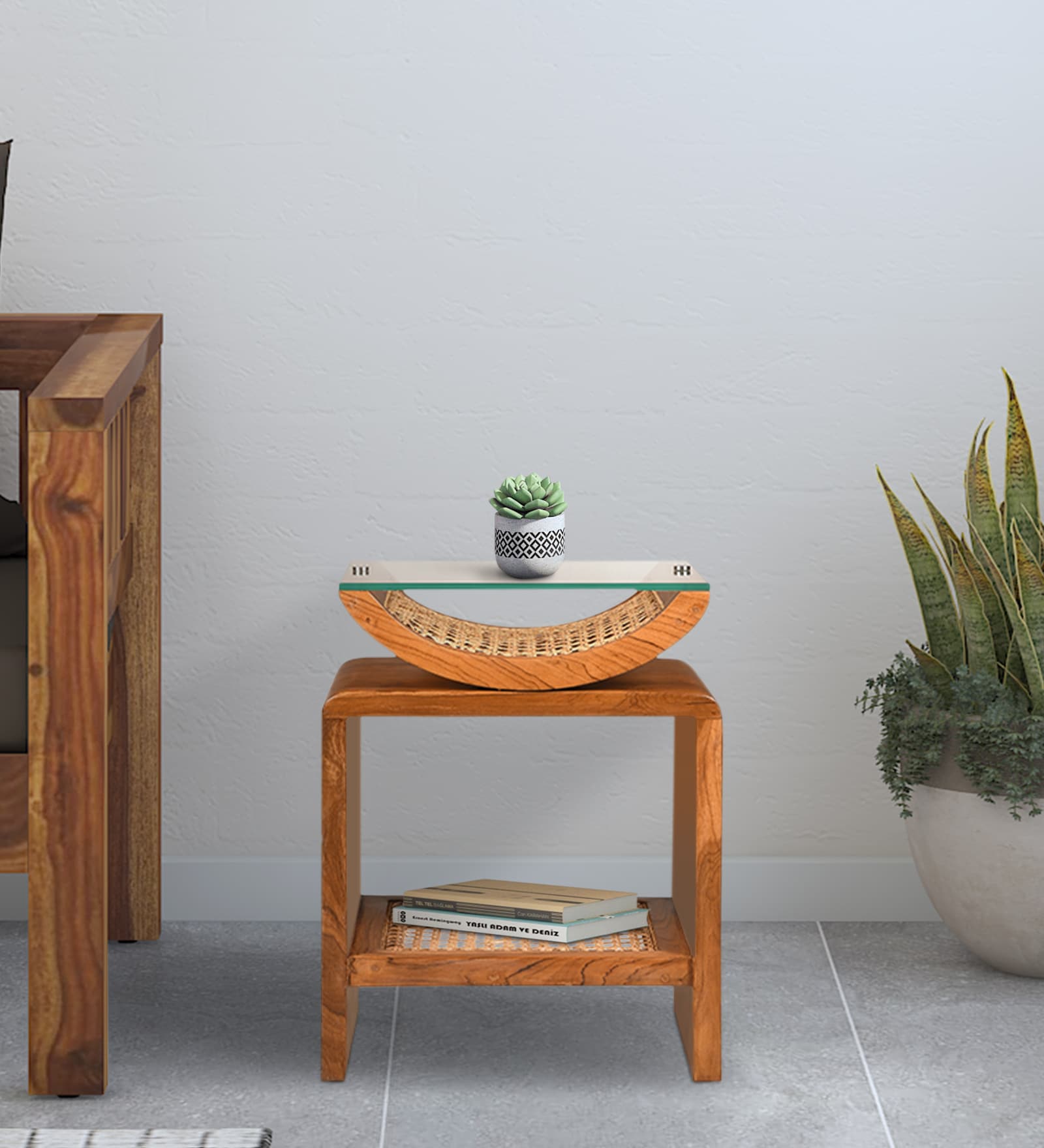 Arch Solid Wood End Table in Teak Finish