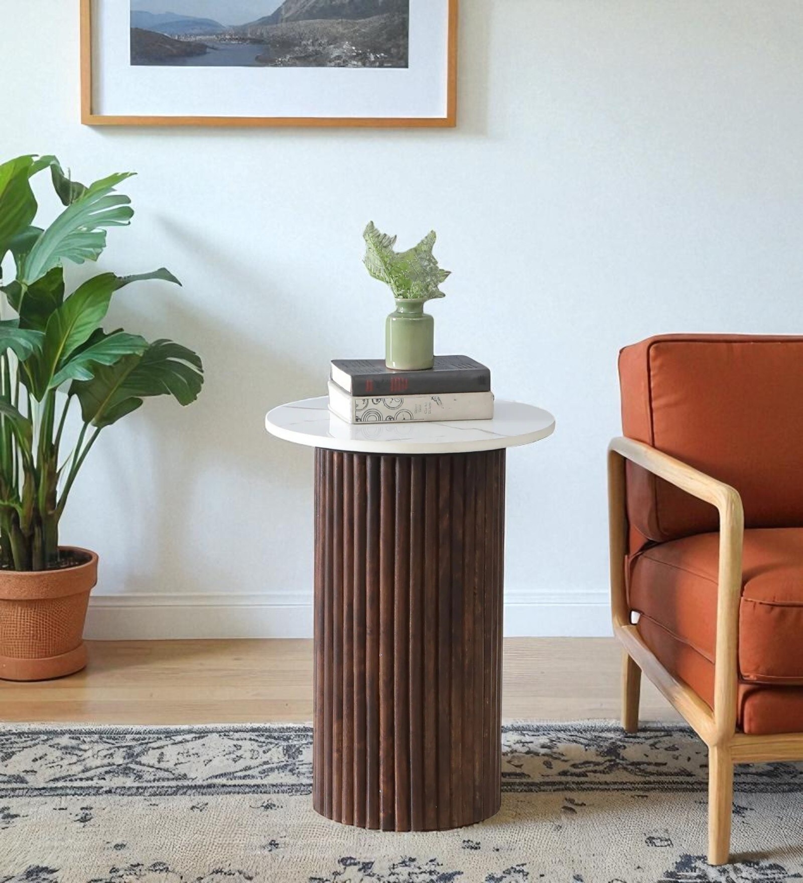 Arden Round Marble Finish Look-Top Side Table with Vertical Fluted Wooden Base in Brown Colour
