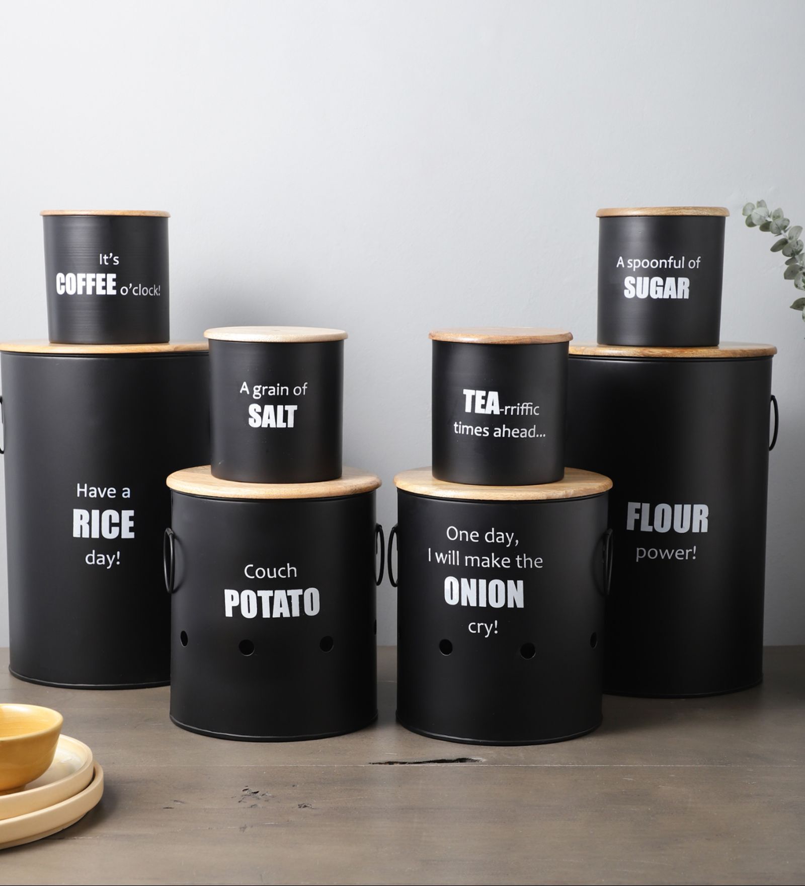 Ardura Black Metal 8 Pc Storage with Wooden Lids Containers Set