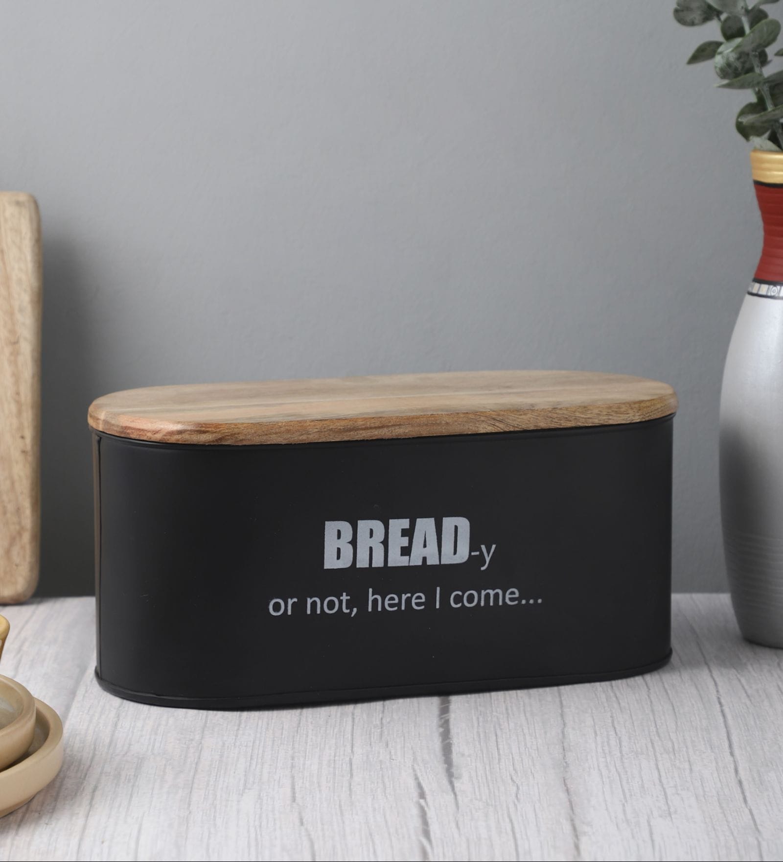 Ardura Black Metal Bread Box with Wooden Lid
