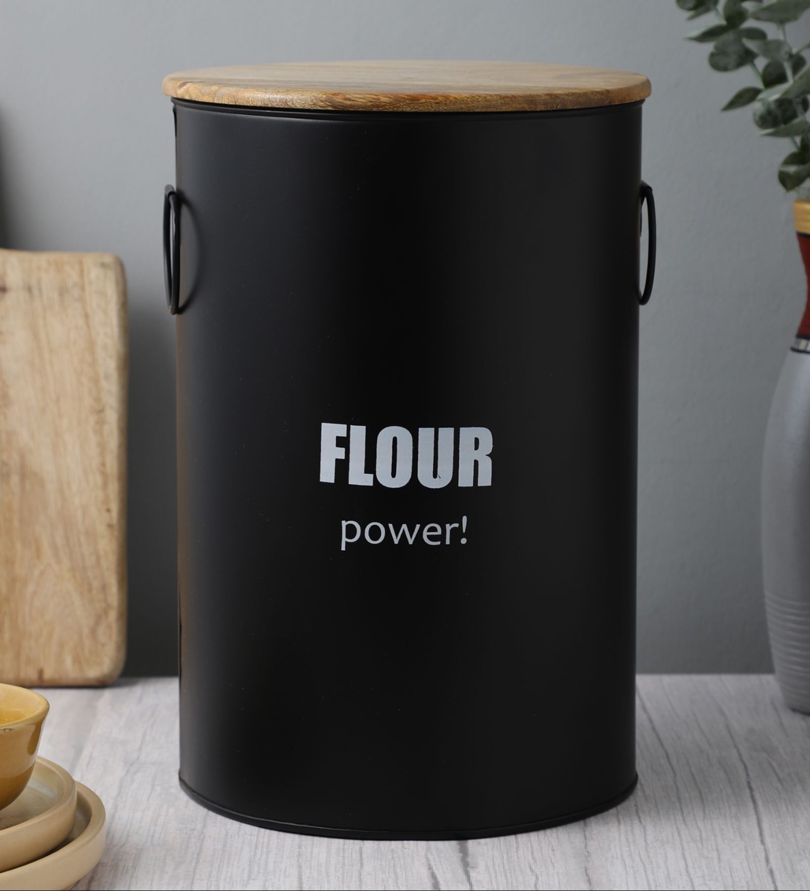 Ardura Black Metal Flour Container with Wooden Lid