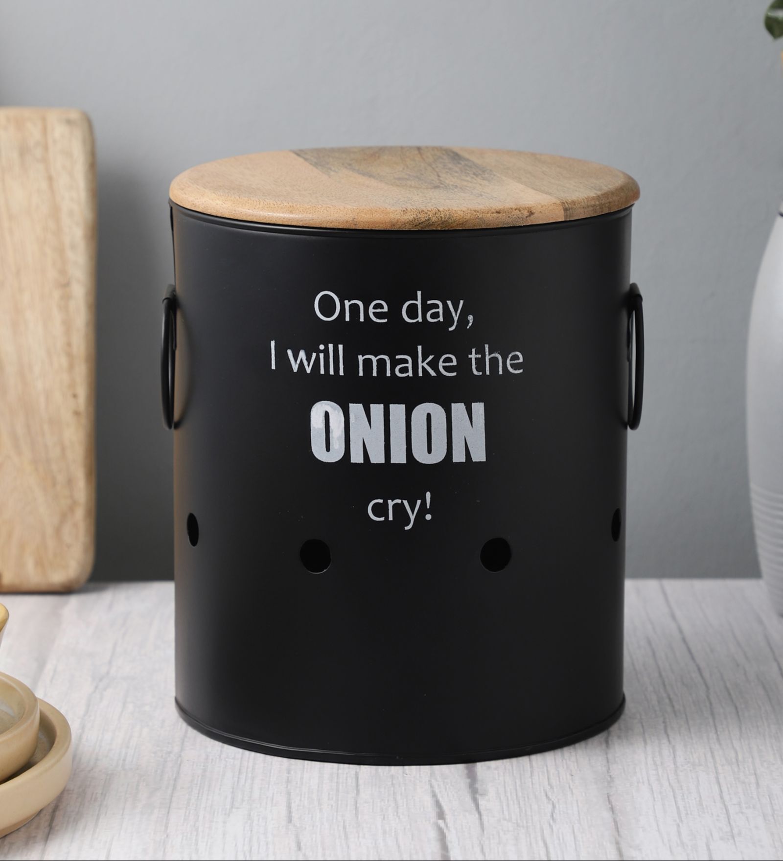 Ardura Black Metal Onion Container with Wooden Lid