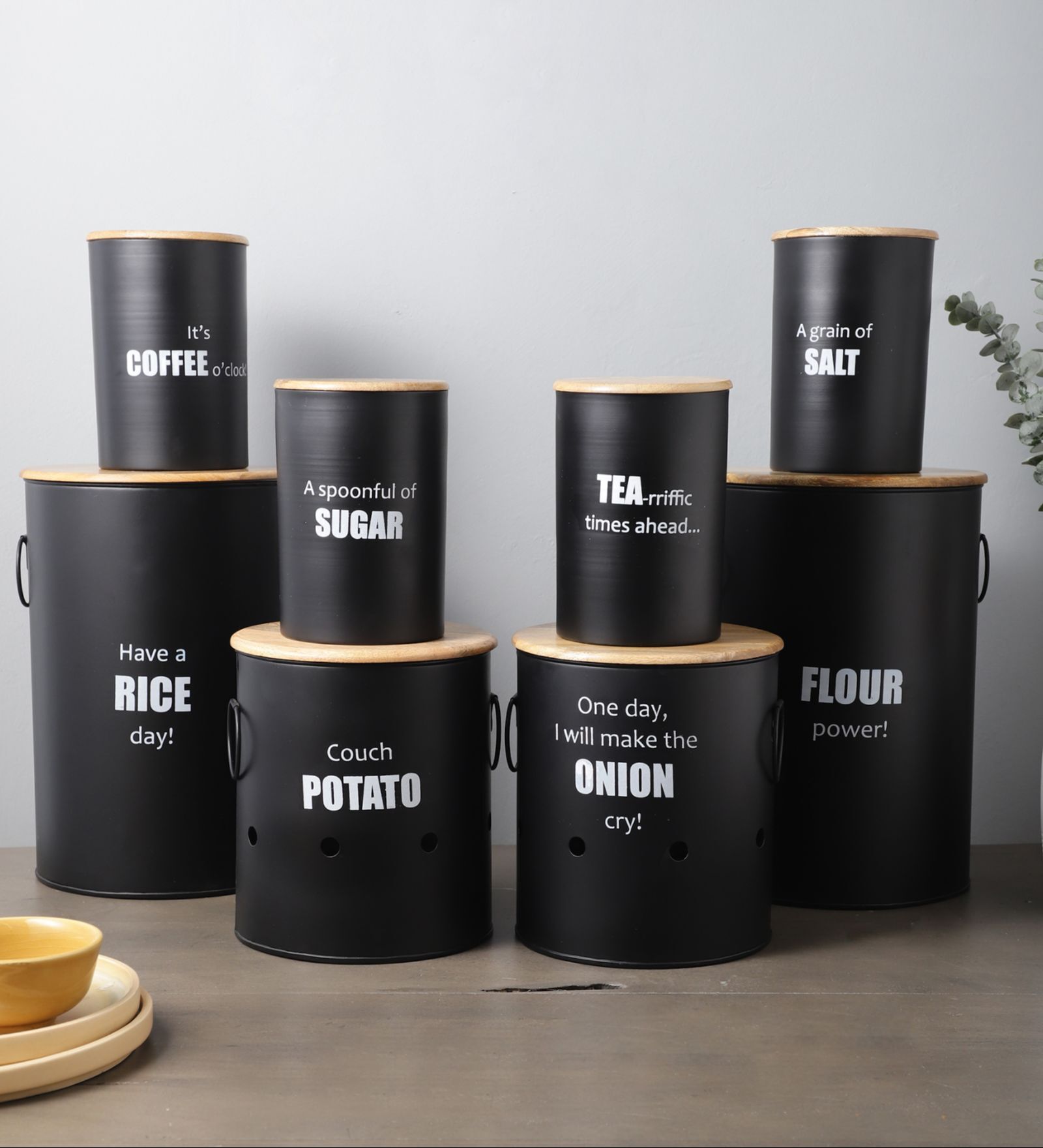 Ardura Black Metal Storage Containers with Wooden Lids Set of 8