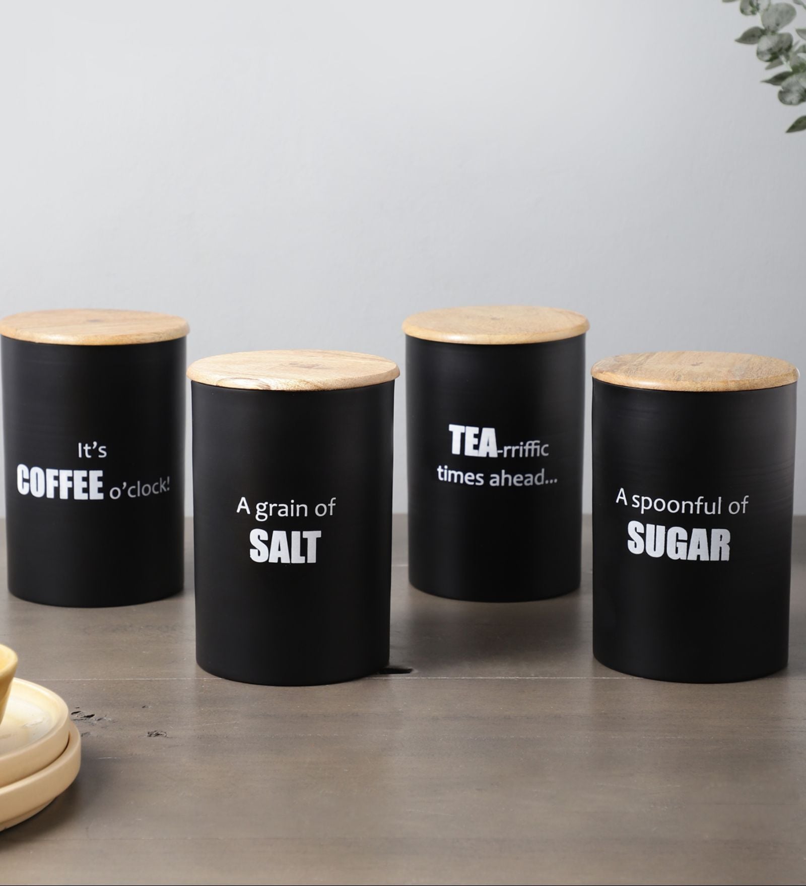 Ardura Black Metal Tea Sugar Coffee and Salt Containers with Wooden Lids Set of 4