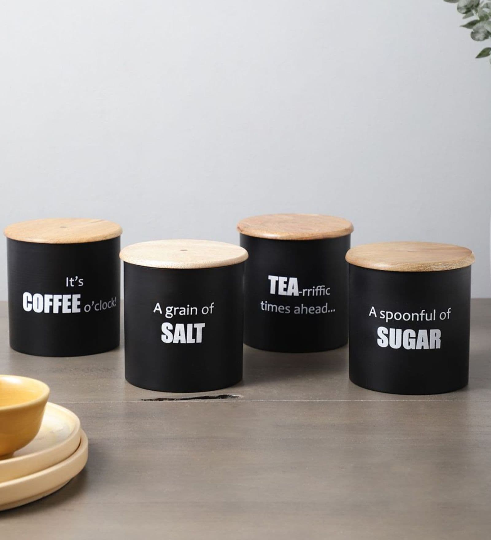 Ardura Black Metal Tea Sugar Coffee and Salt Small Containers with Wooden Lids Set of 4