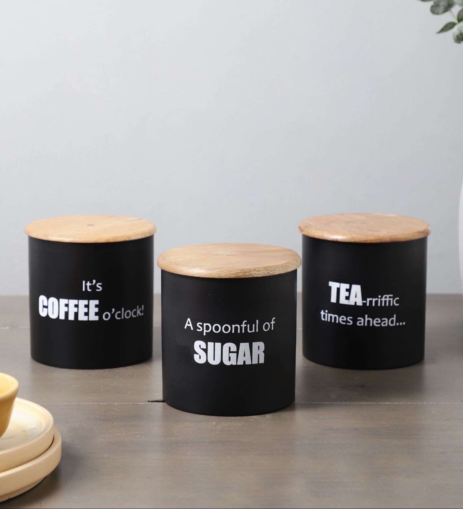 Ardura Black Metal Tea Sugar Coffee Small Containers with Wooden Lids Set of 3