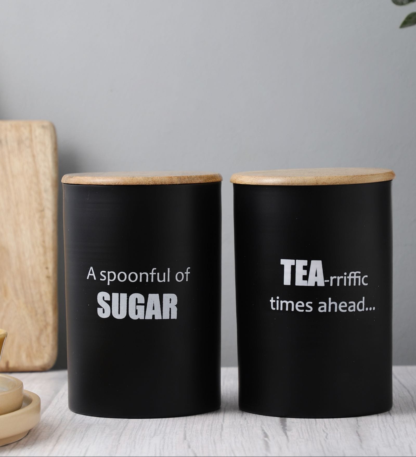 Ardura Black Metal Tea Sugar Containers with Wooden Lids Set of 2