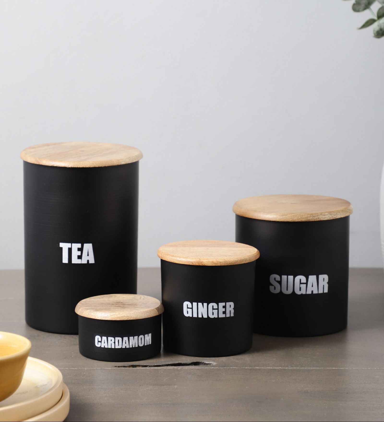 Ardura Black Metal Tea Sugar Ginger and Cardamom Containers with Wooden Lids Set of 4
