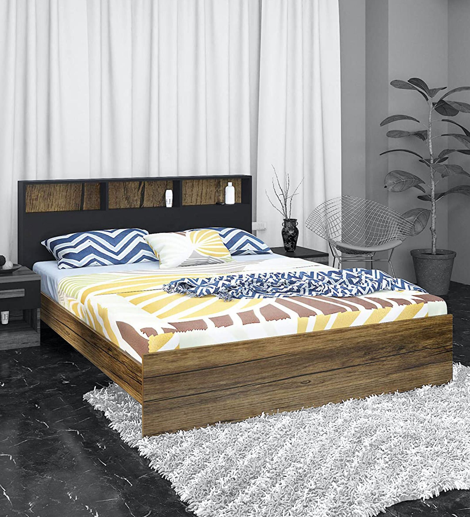 Buy Tassos Queen Size Bed in Forest Dark & Black Finish by Klaxon