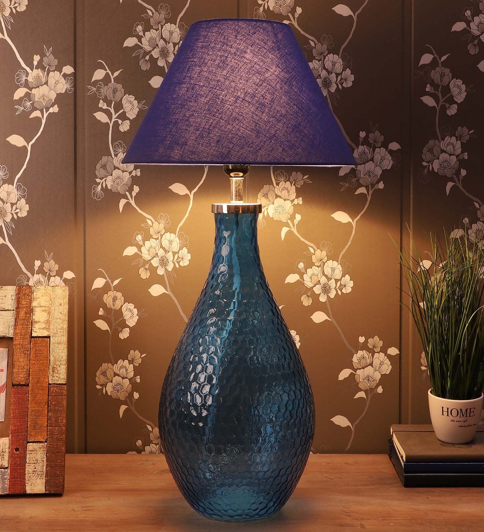 Areum Blue Fabric Shade Table Lamp with Blue Base