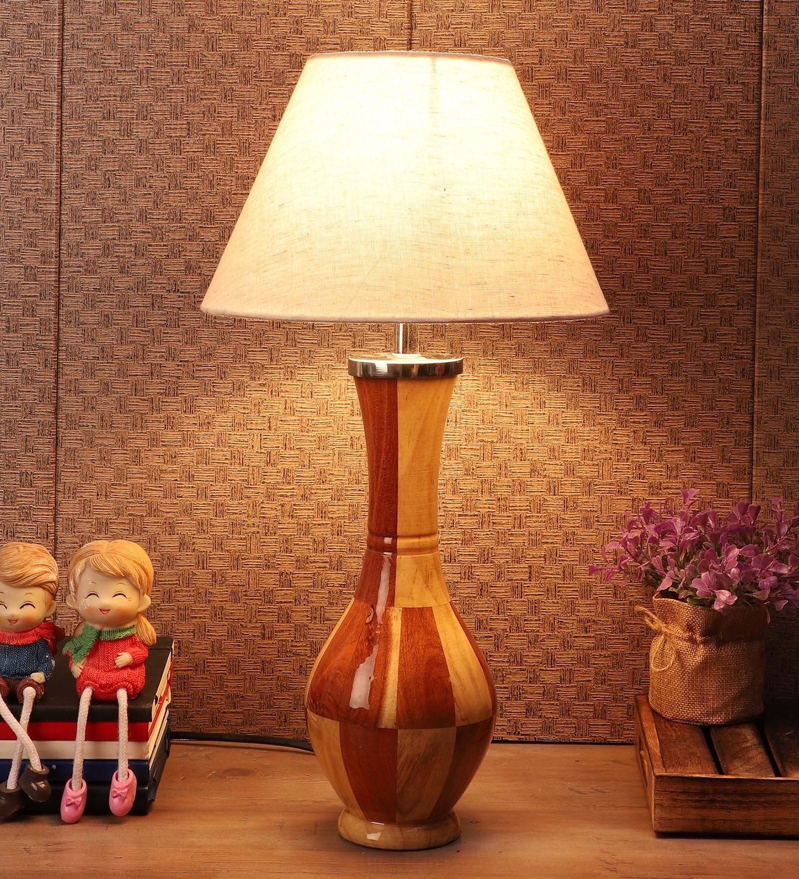 Areum Off White Fabric Shade Table Lamp with Natural Base -
