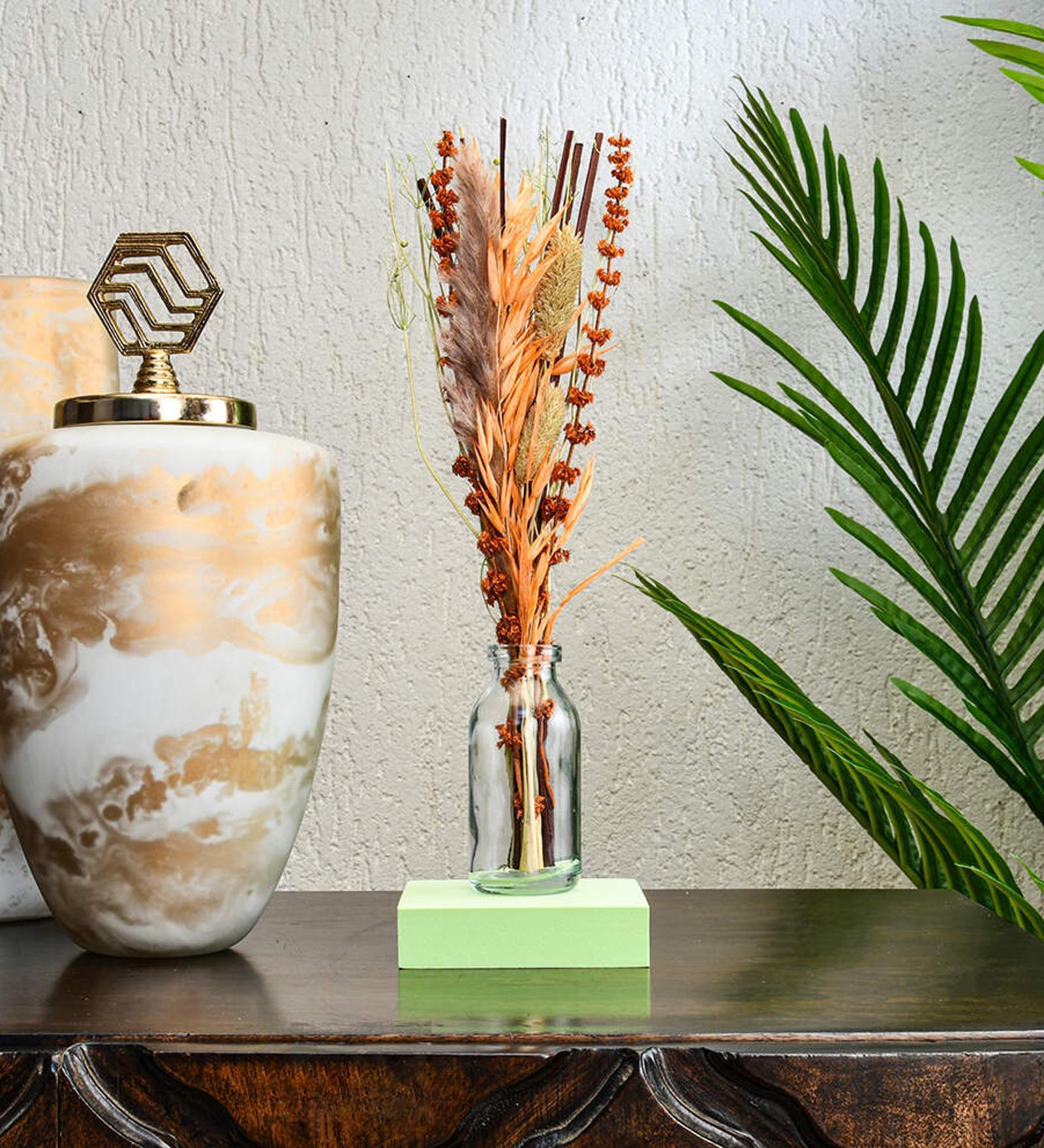 Arias Decorative Glass with Dry Flowers Brown Vase