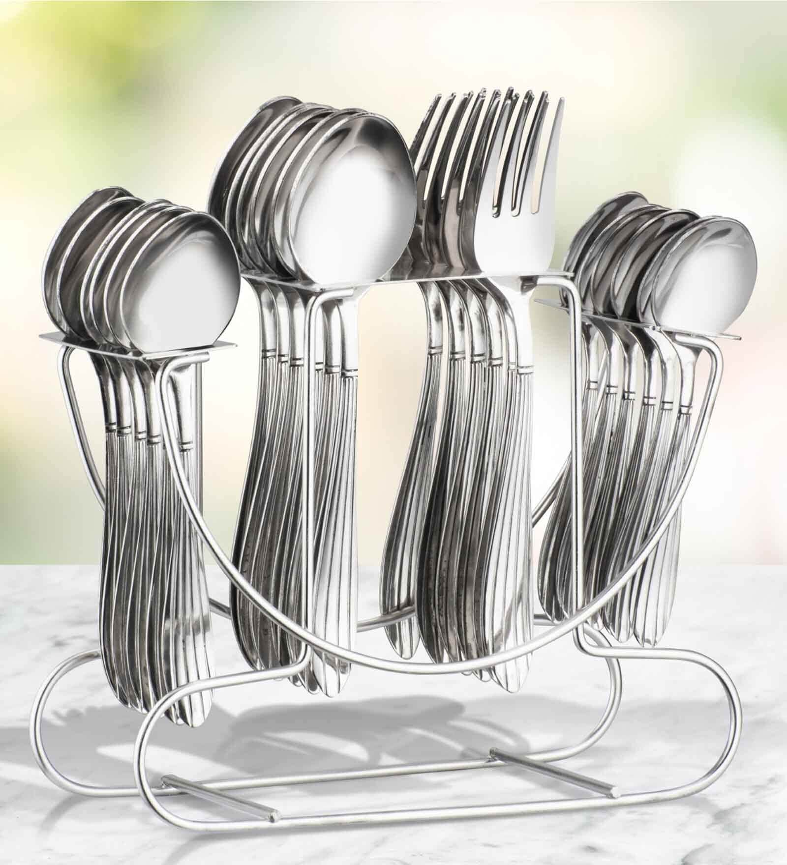 Arias Sysco Silver Stainless Steel (Set of 24) Table Spoon & Fork Set with Stand