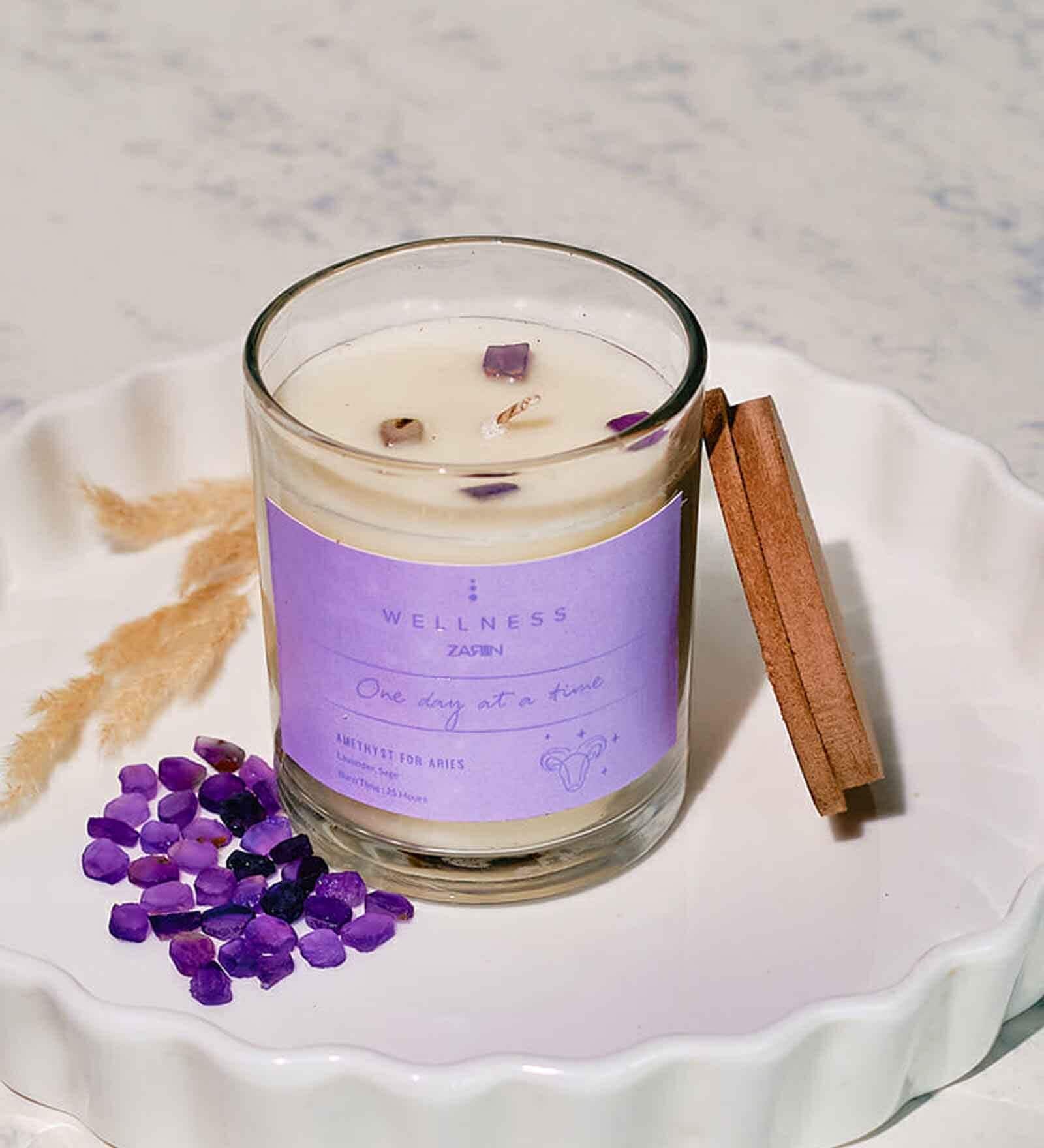 Buy Aries Zodiac Candles Glass & Wax WithPurple Amethyst Stone Lavender Bloom at 17 OFF by