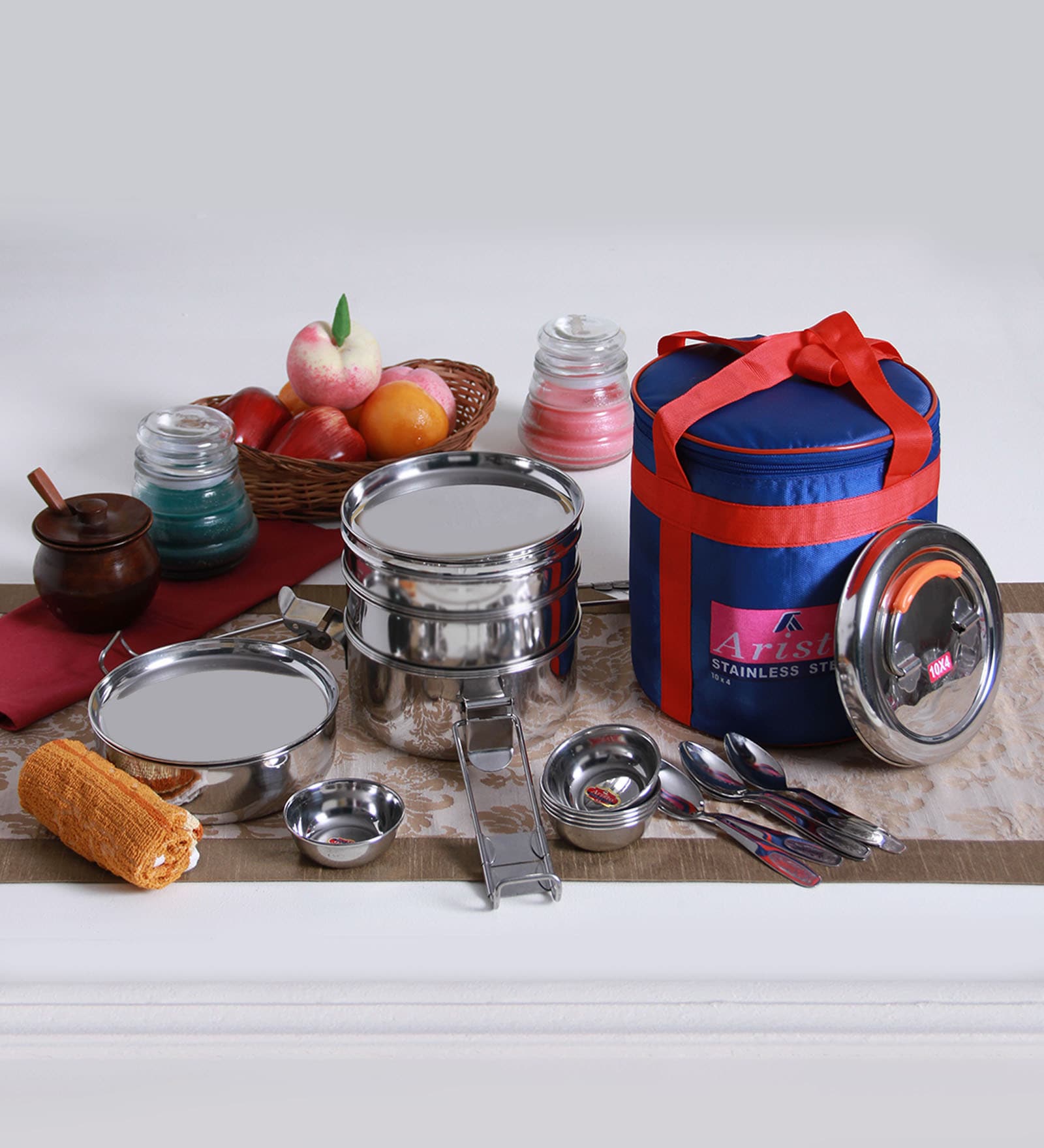 Aristo Stylish Steel Picnic Tiffin Box Jumbo Containers set of 4 with Bag