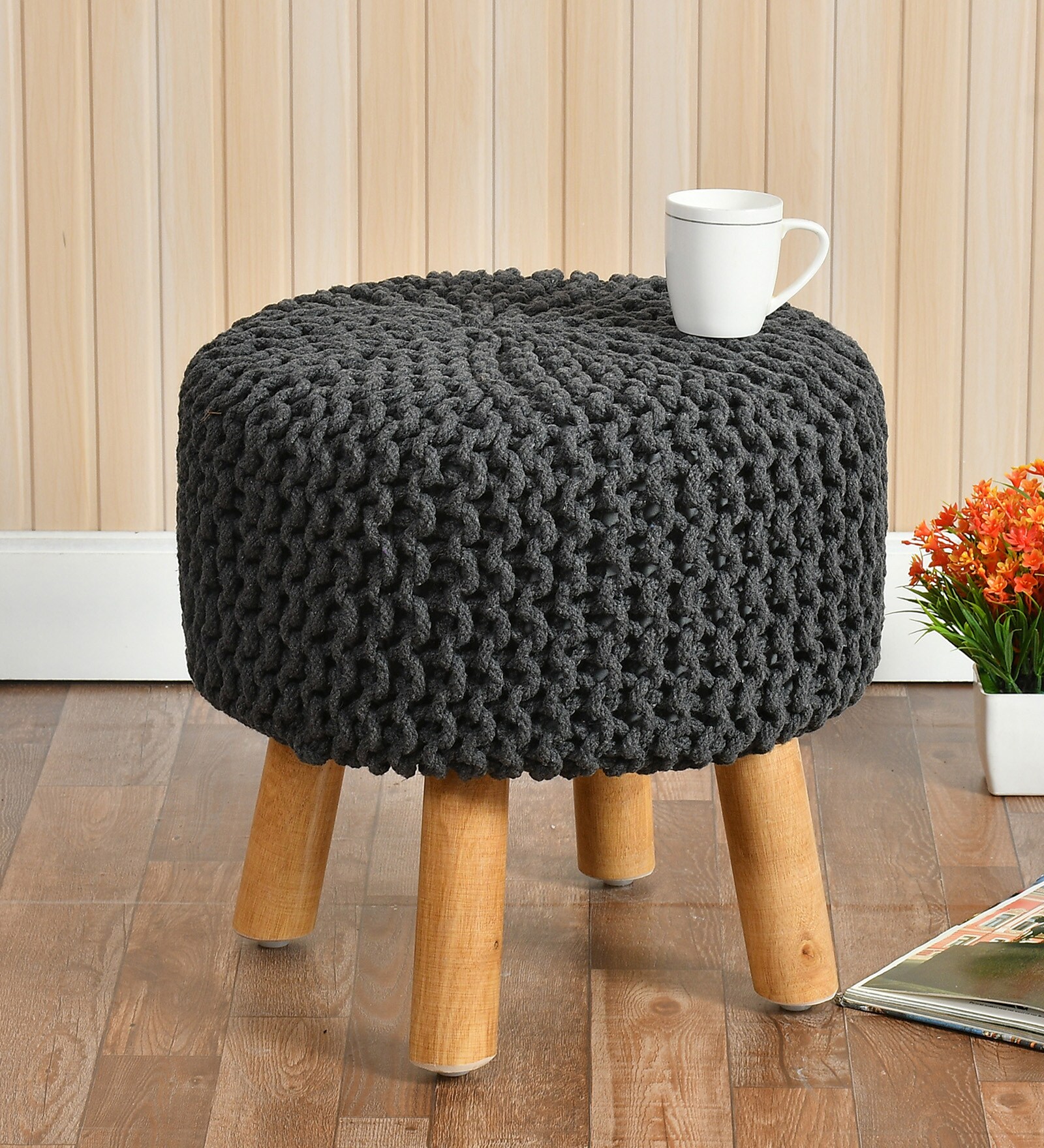 Brixi Knitted Weave Ottoman In Charcoal Grey Colour
