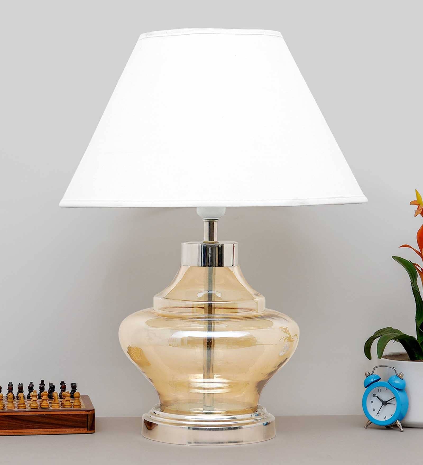Agueda White Cotton Fabric Shade Night Lamp With Metal & Glass Base