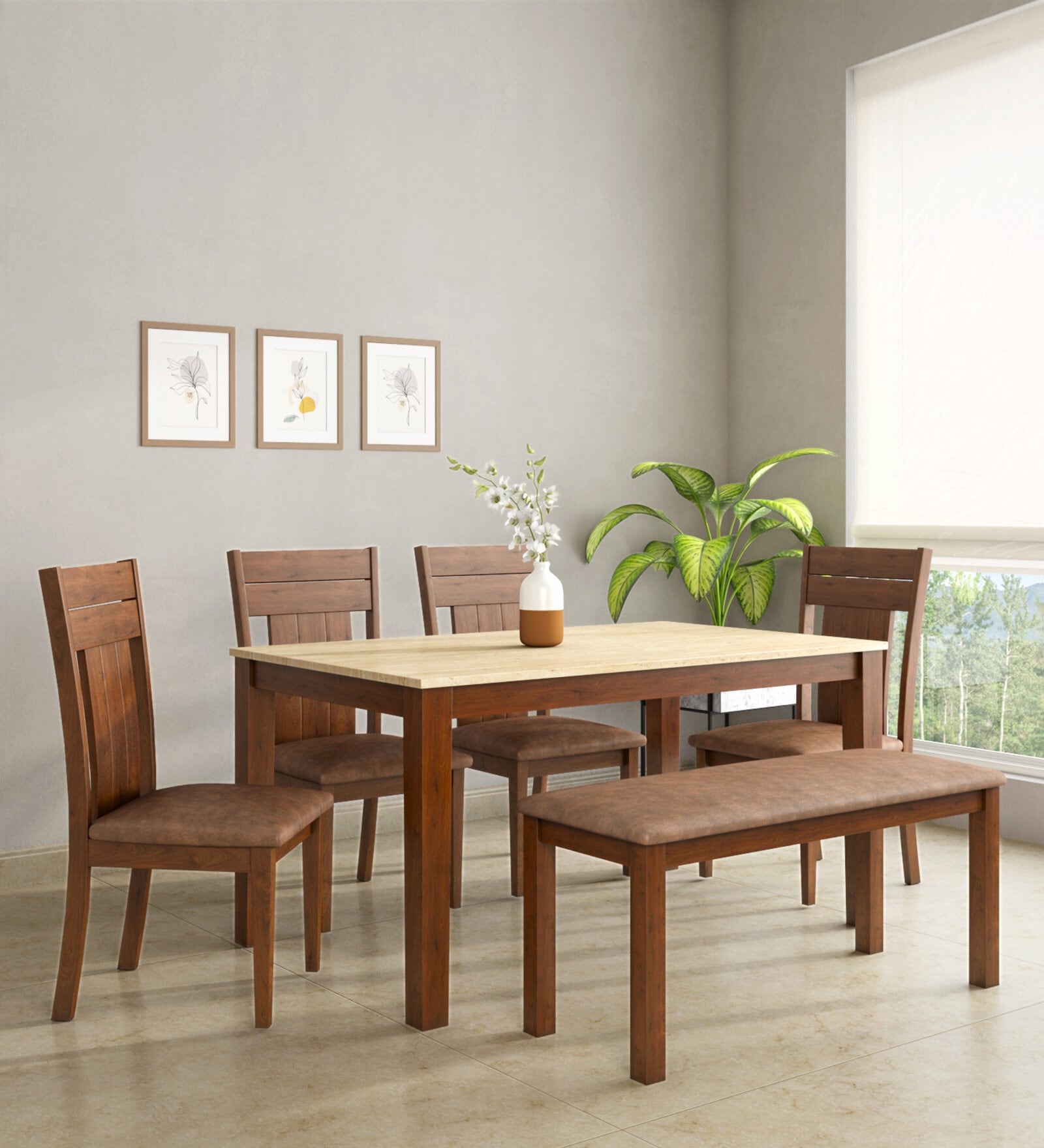 Buy Arnold Solid Wood 6 Seater Dining Set in Beige Finish with Bench at ...