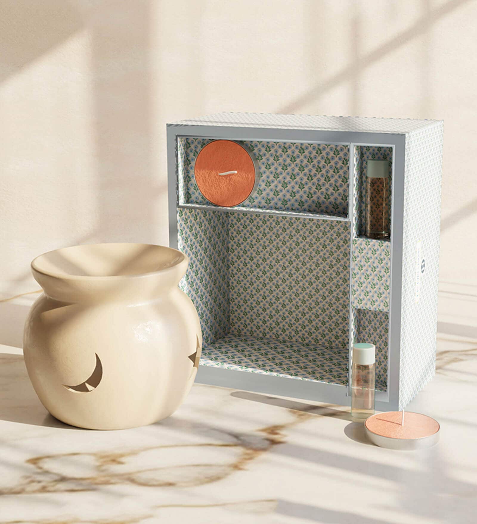 Set Of 5 Cream Ceramic  Aroma Oil, Tea Light With Burner Set For Gifting