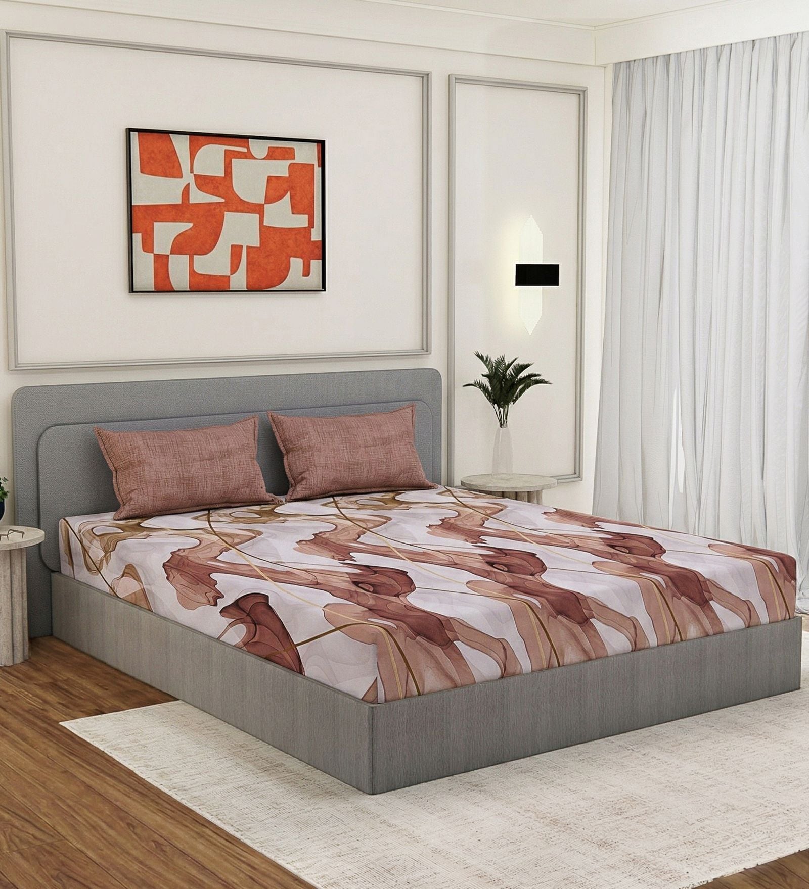 Beige Abstract 180 TC Polyester Double Size Bedsheet With 2 Pillow Covers