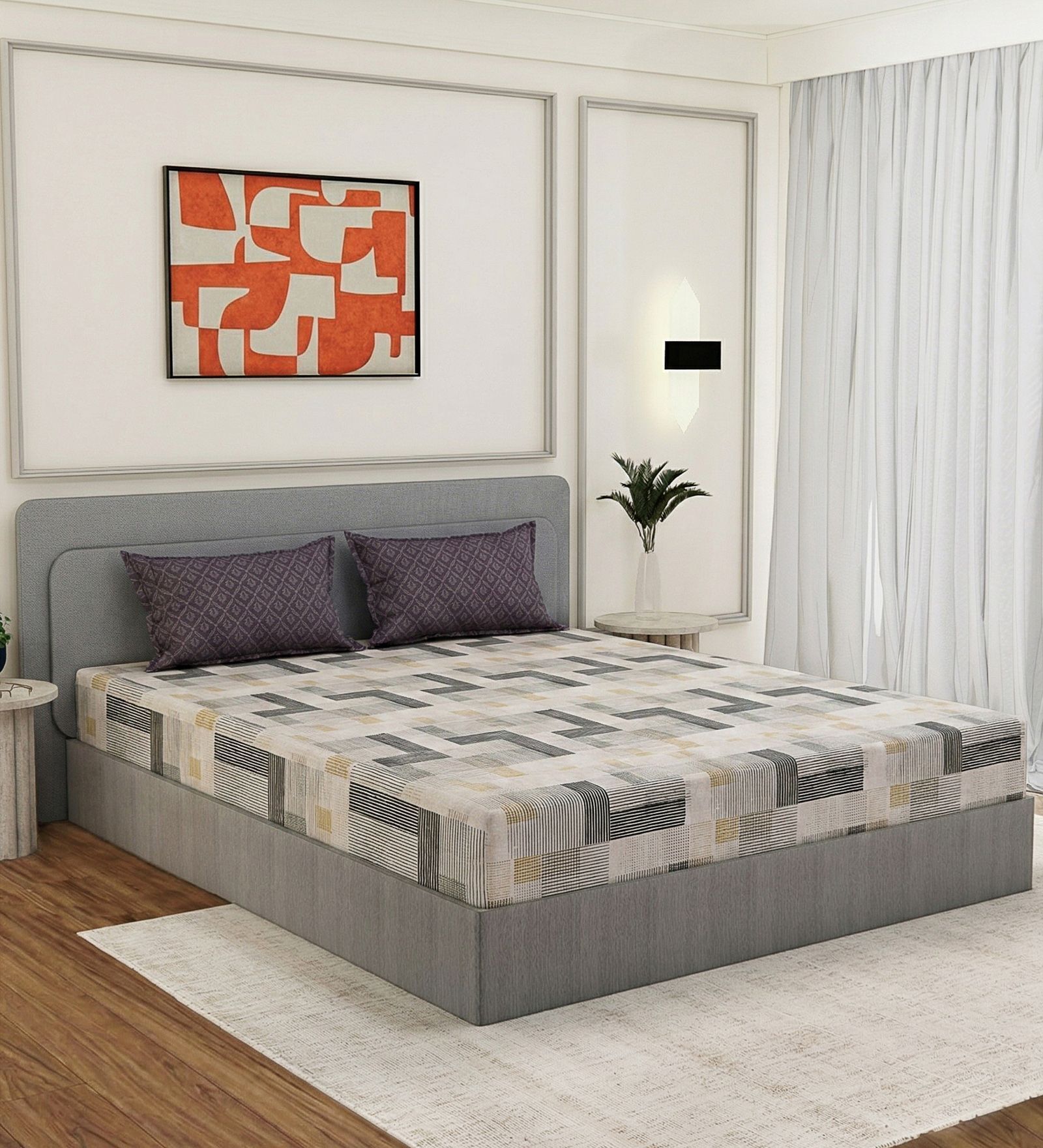 Grey Abstract 180 TC Polyester Double Size Bedsheet With 2 Pillow Covers