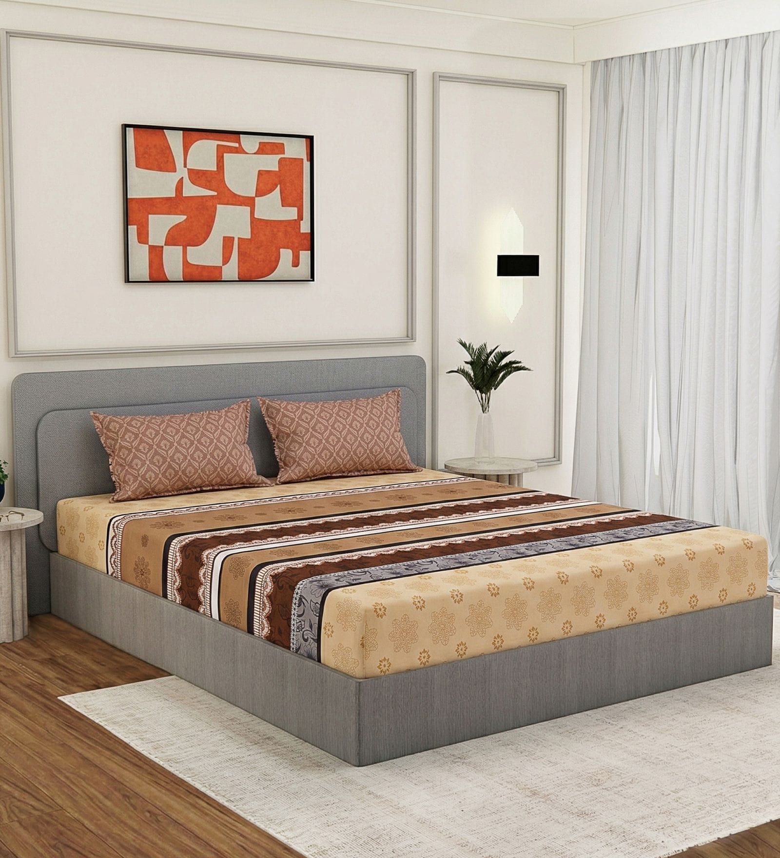 Brown Abstract 180 TC Polyester Double Size Bedsheet With 2 Pillow Covers