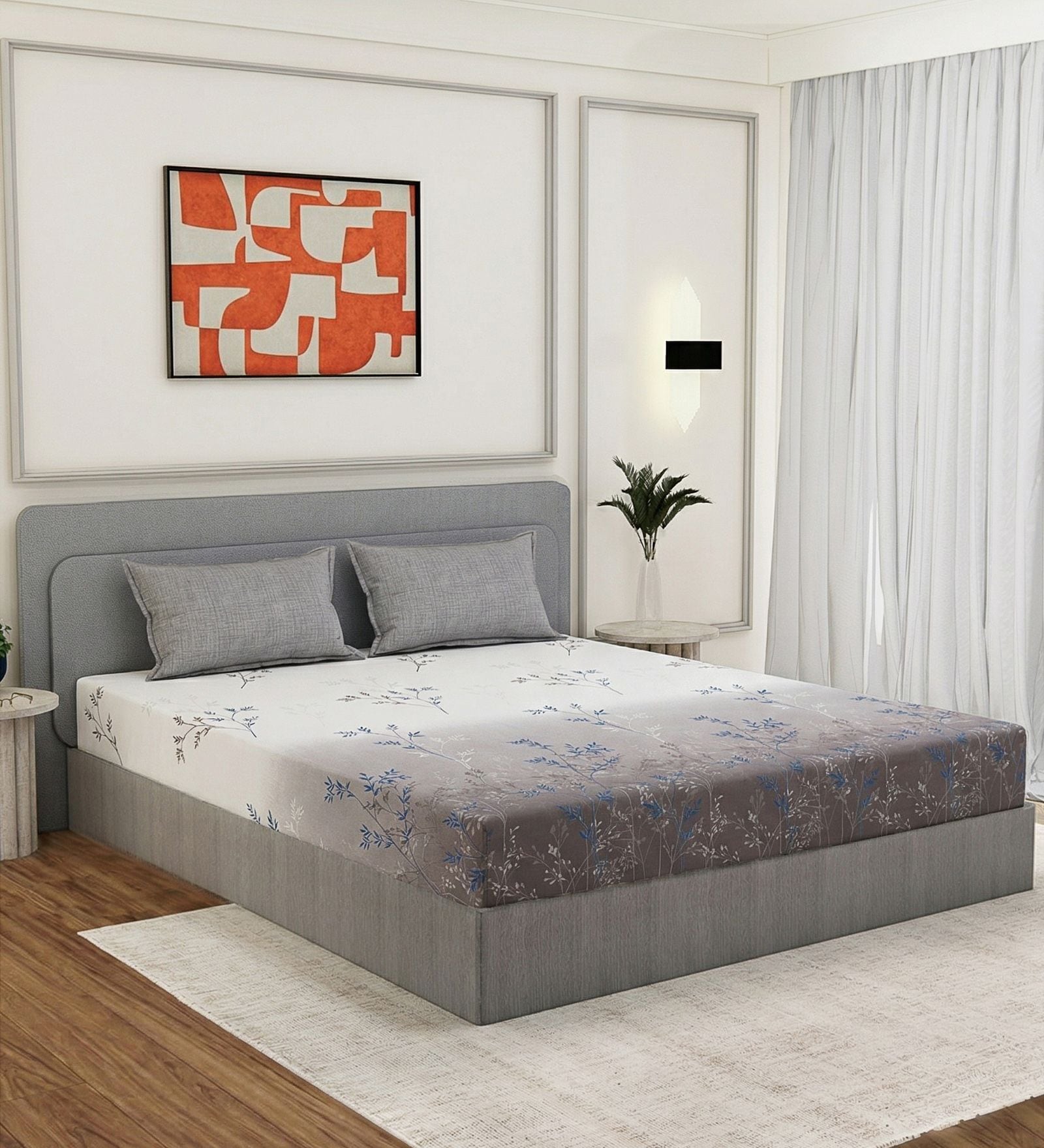 Grey Floral 180 TC Polyester Double Size Bedsheet With 2 Pillow Covers