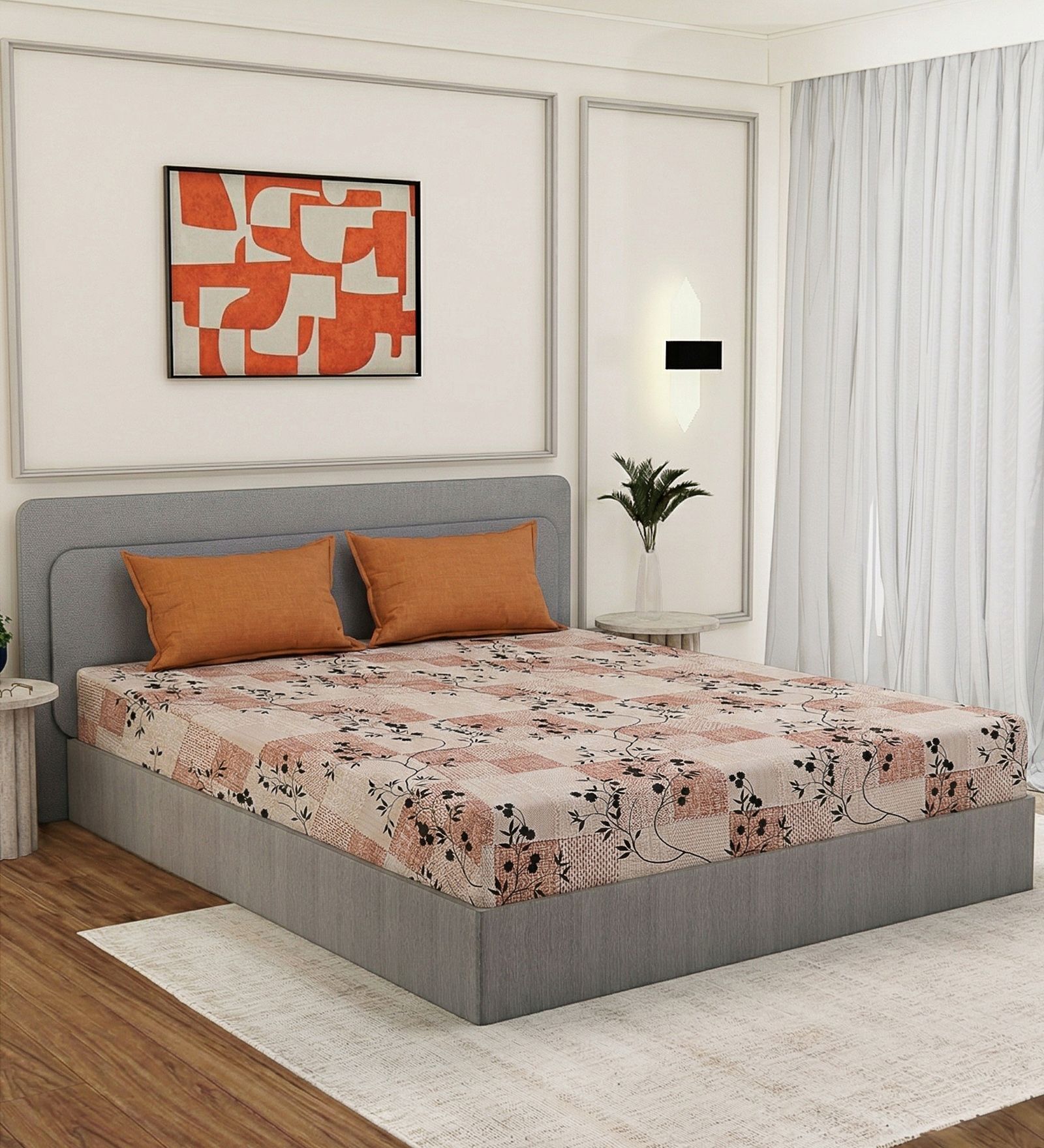 Beige Floral 180 TC Polyester Double Size Bedsheet With 2 Pillow Covers