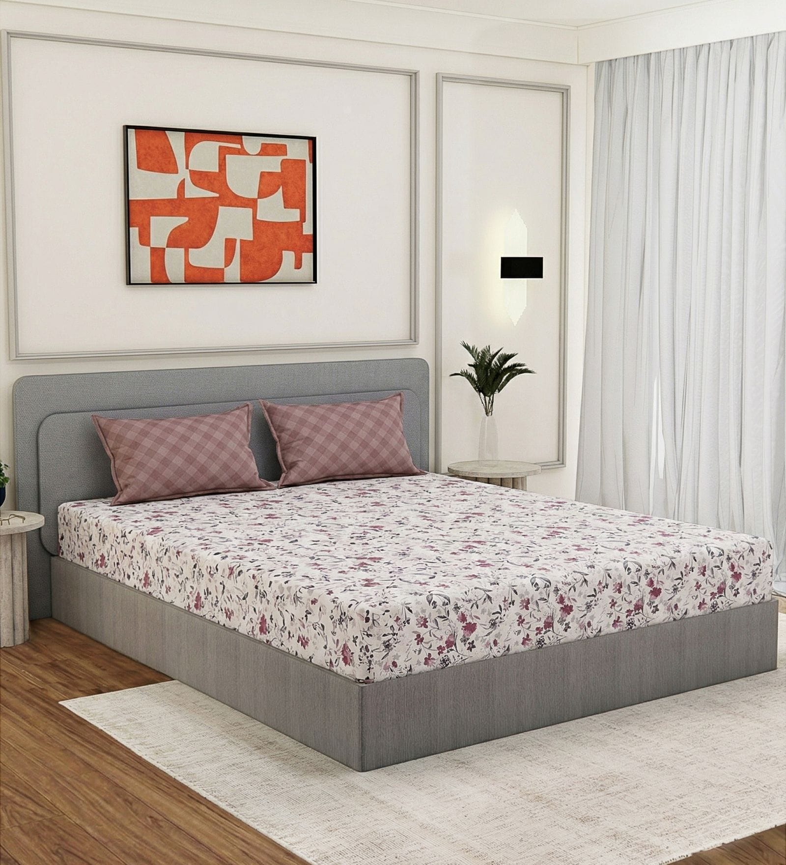 Peach Floral 180 TC Polyester Double Size Bedsheet With 2 Pillow Covers