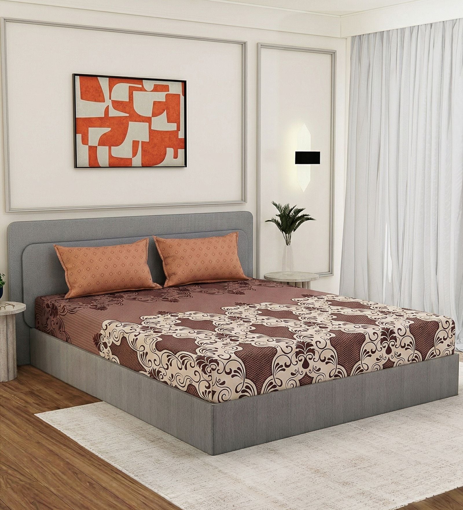 Brown Floral 180 TC Polyester Double Size Bedsheet With 2 Pillow Covers