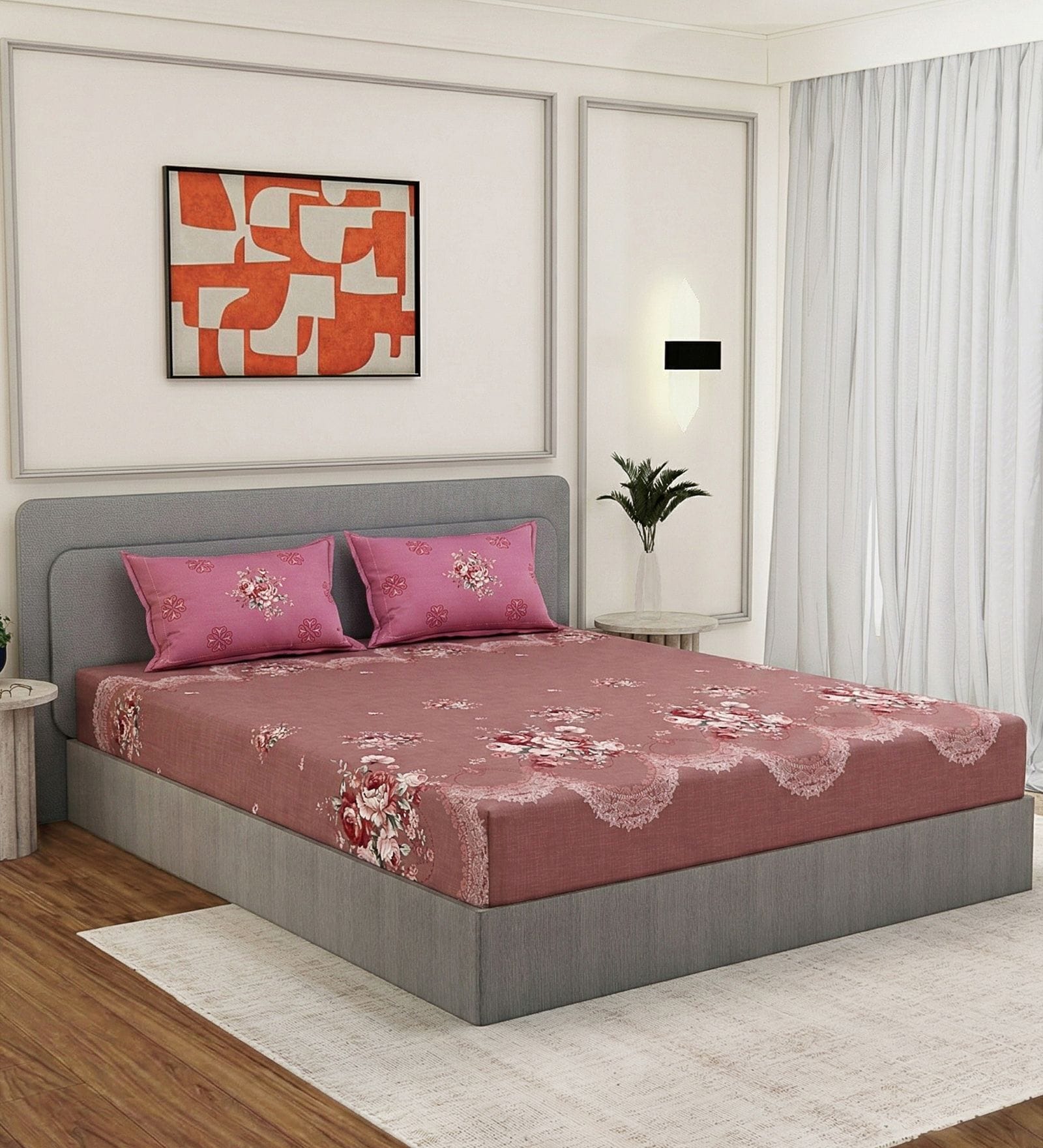 Pink Floral 180 TC Polyester Double Size Bedsheet With 2 Pillow Covers