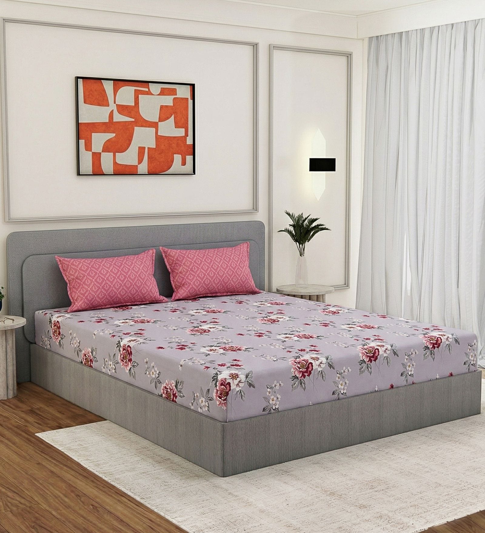 Pink Floral 180 TC Polyester Double Size Bedsheet With 2 Pillow Covers