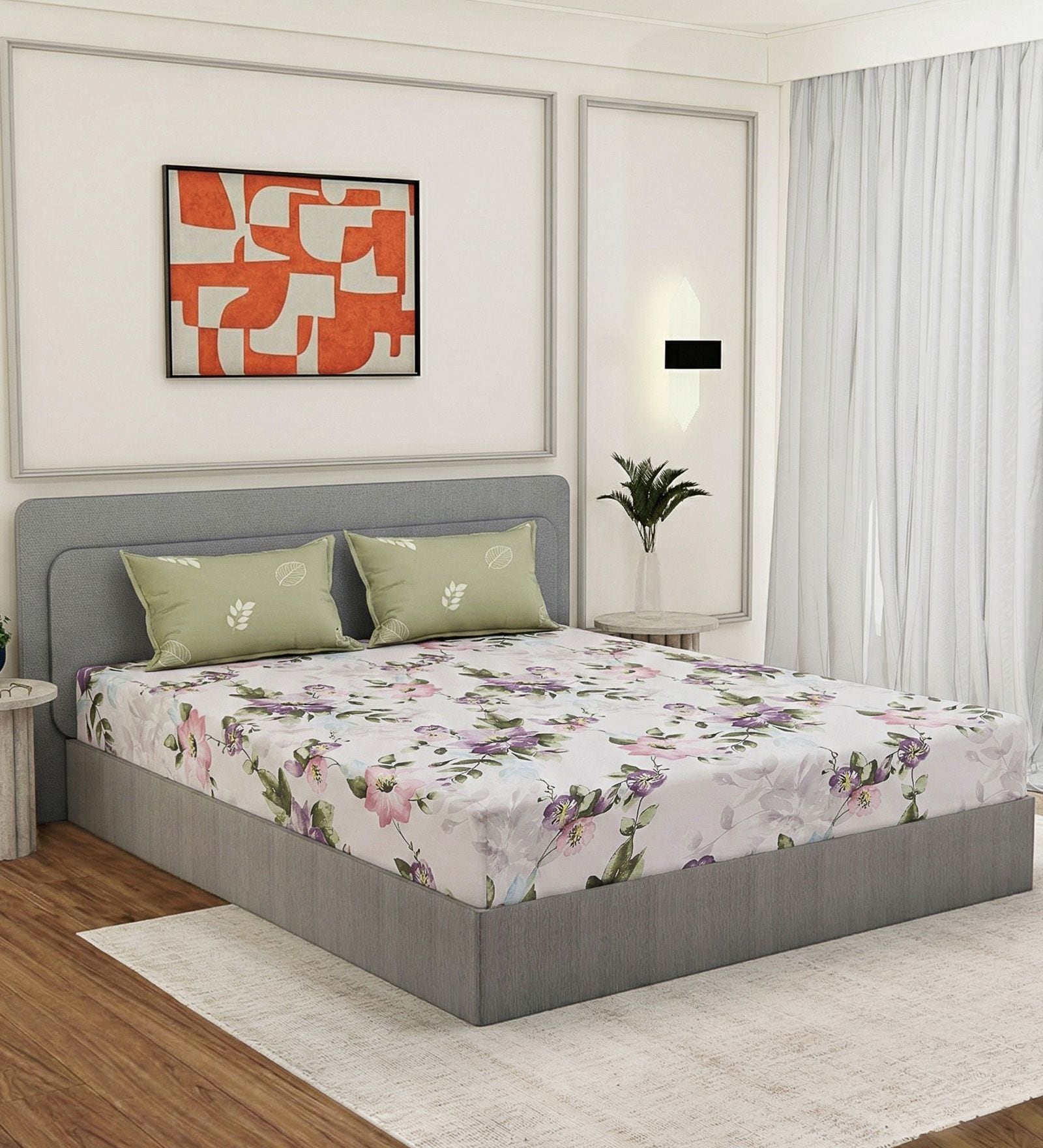 Green Floral 180 TC Polyester Double Size Bedsheet With 2 Pillow Covers