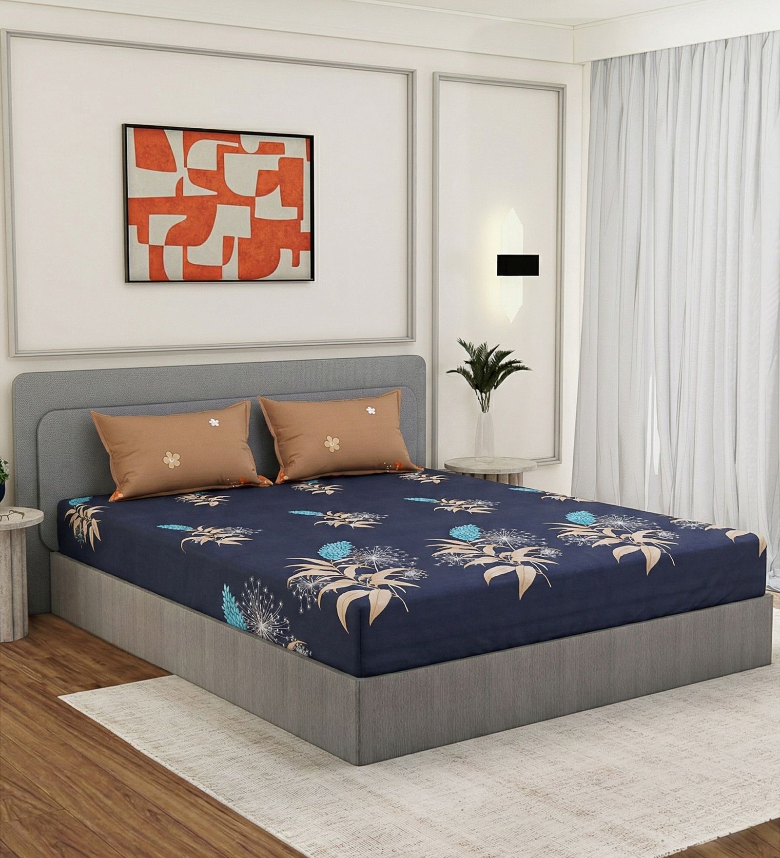Blue Floral 180 TC Polyester Double Size Bedsheet With 2 Pillow Covers