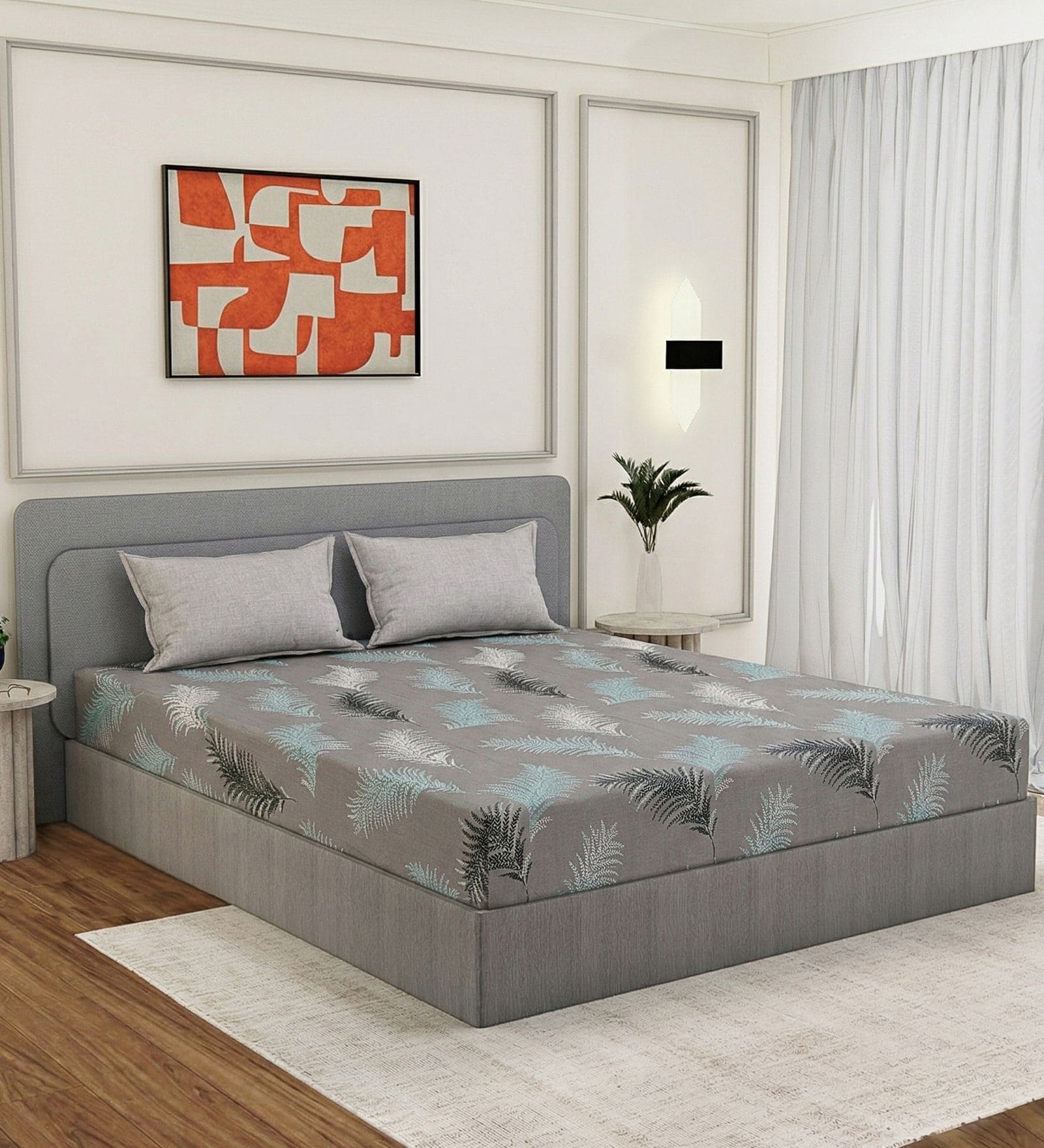 Grey Leaf 180 TC Polyester Double Size Bedsheet With 2 Pillow Covers