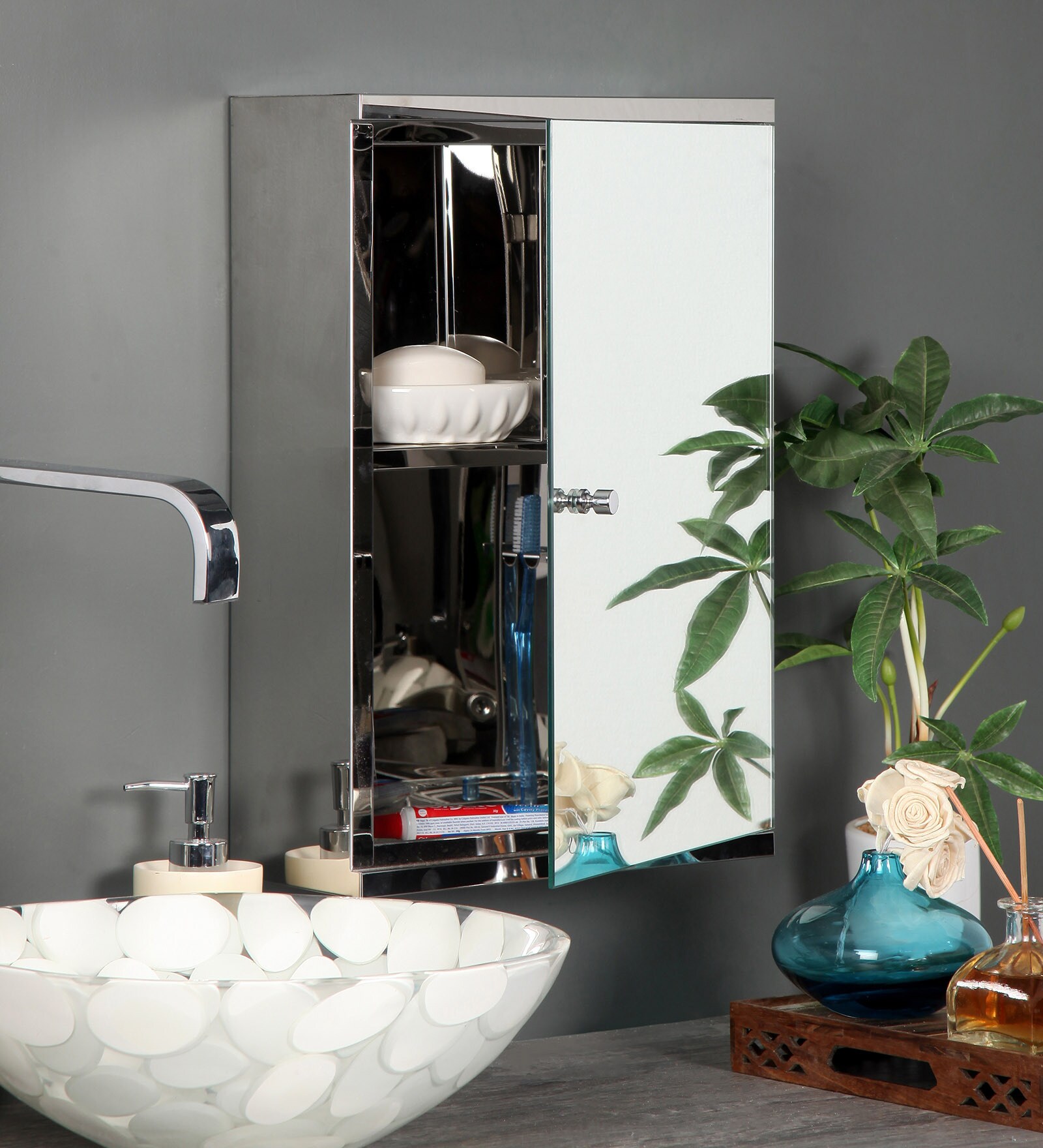 Stainless Steel Silver 2 Compartment Bathroom Cabinet With Mirror (L: 12, W: 5, H: 18 Inches)