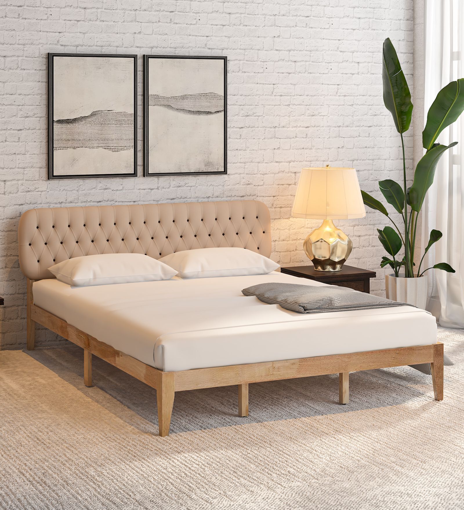 Arsenio Upholstered Queen Size Bed In Natural & Beige Colour
