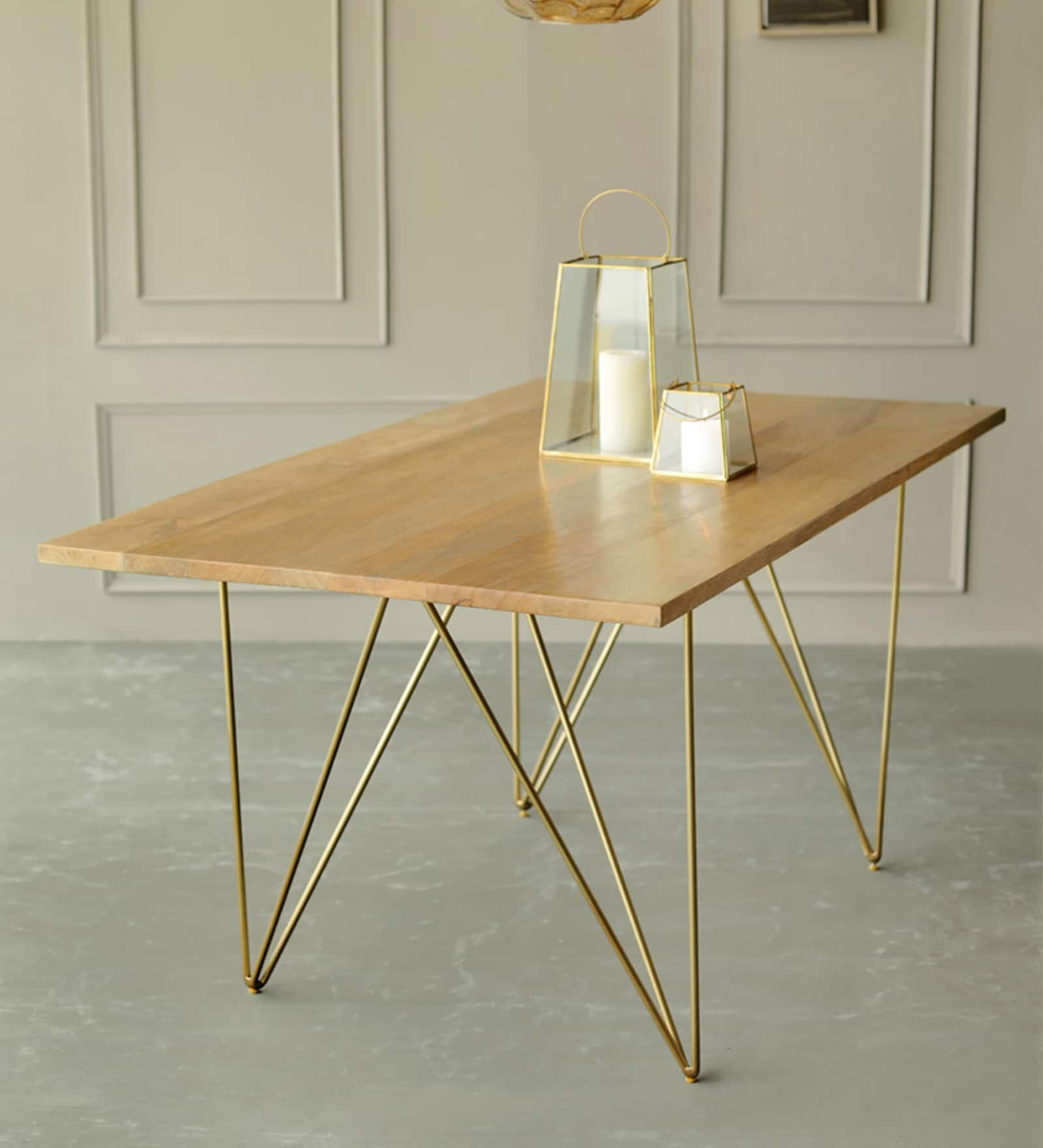 Art Deco Solid Wood 4 Seater Dining Table in Natural Finish