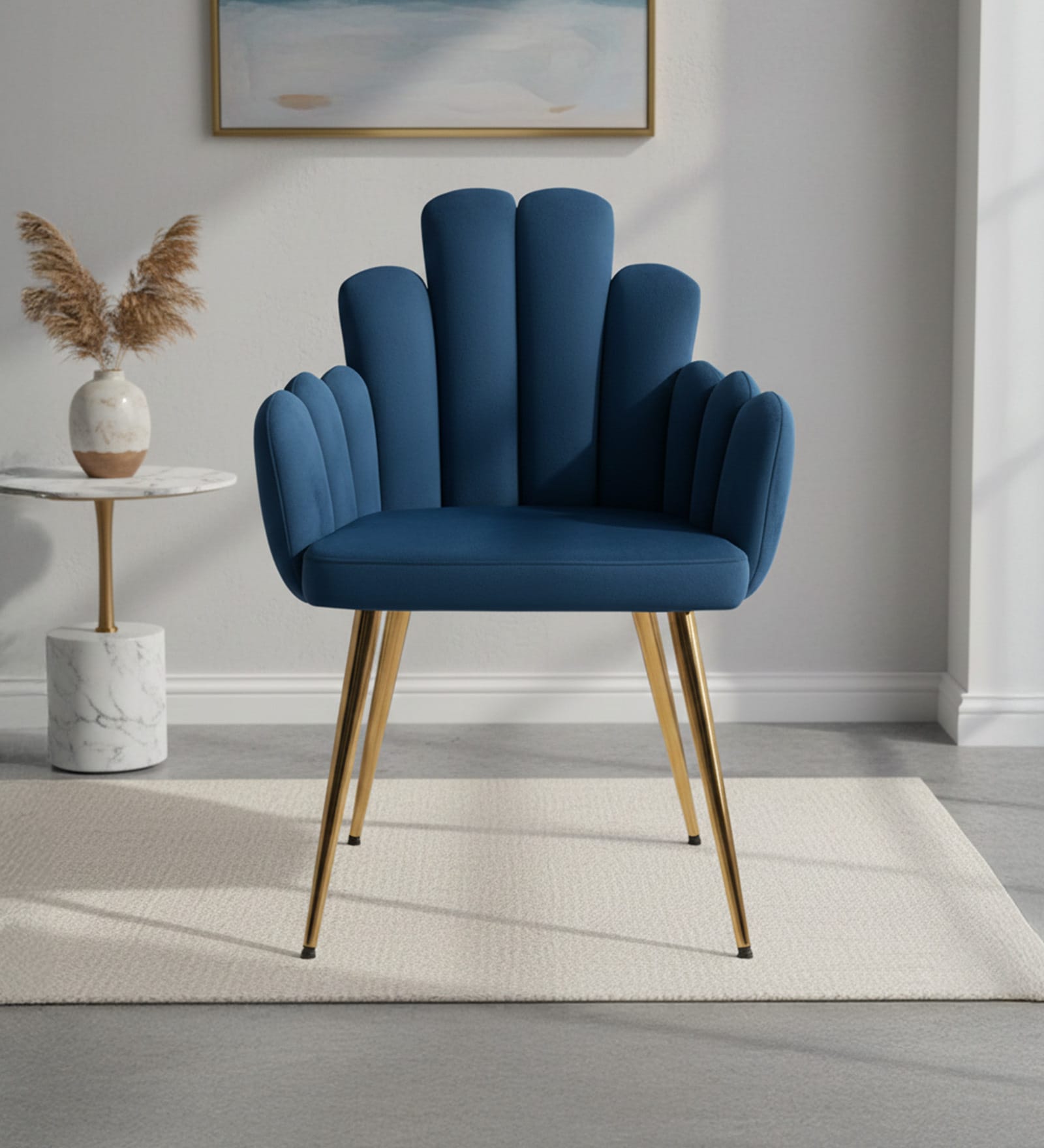 Art Deco Petals Velvet Fabric Lounge Chair In Blue Colour