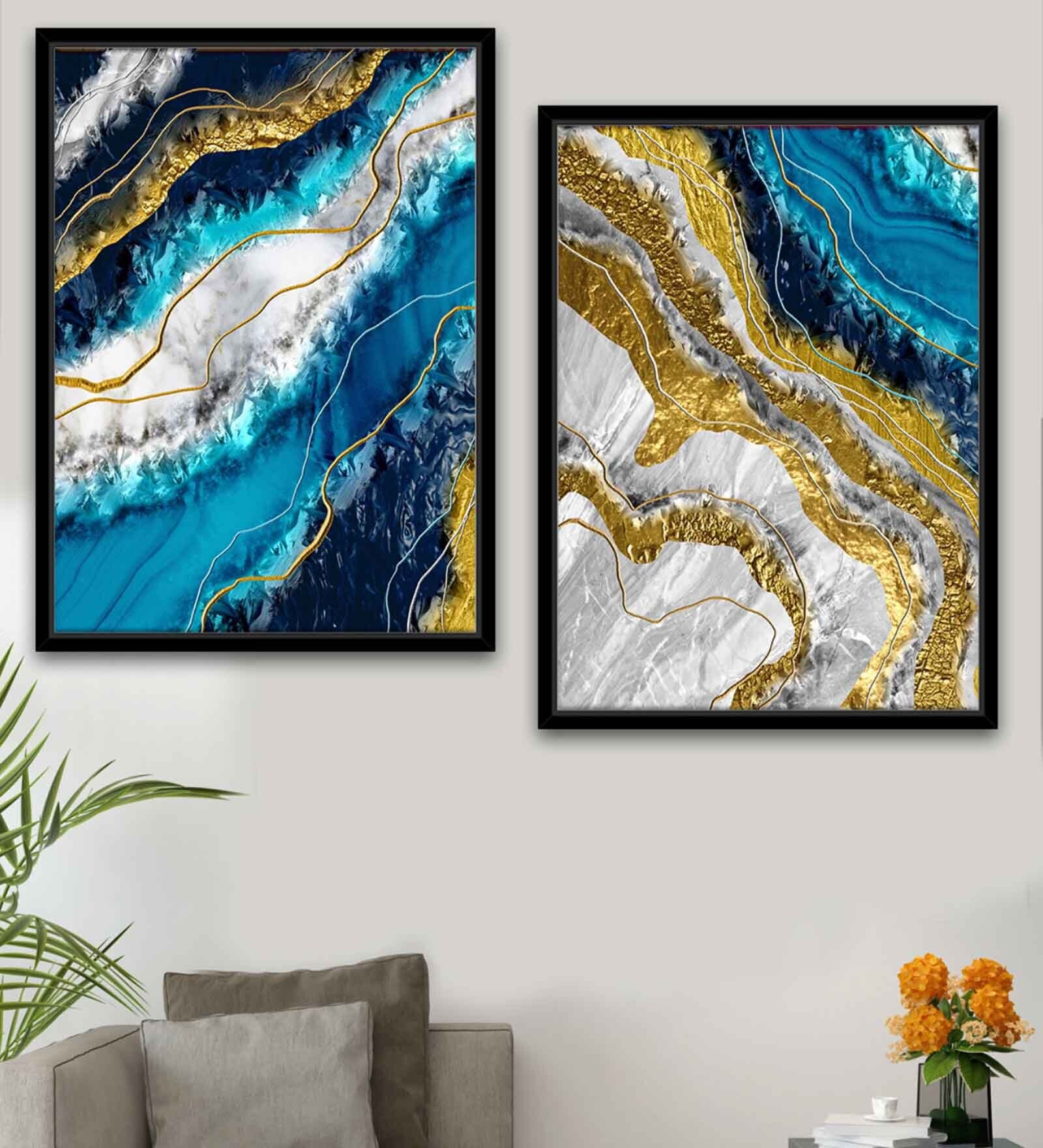Contemporary Sort Gold Canvas Framed Wildlife Art Panels Set of 2