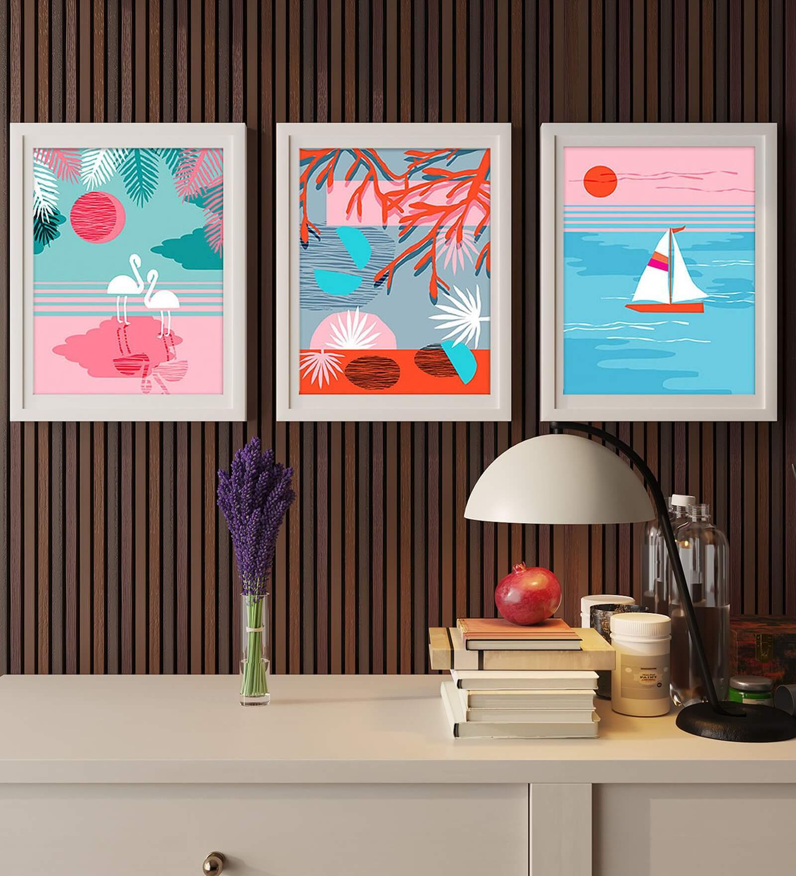 Art Street Abstract Flamingo Pop Art Boat In The Sea Framed Art Prints For Wall D cor, Home Bedroom Decoration, Office Room D cor Gift, Multicolor (Set Of 3, 13x17 Inch)