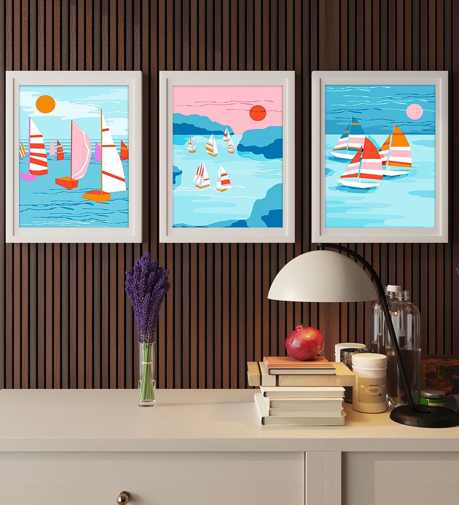 Art Street Abstract Floater Pop Art Boat In The Sea Framed Art Prints For Wall D cor, Home Bedroom Decoration, Office Room D cor Gift, Multicolor (Set Of 3, 13x17 Inch)