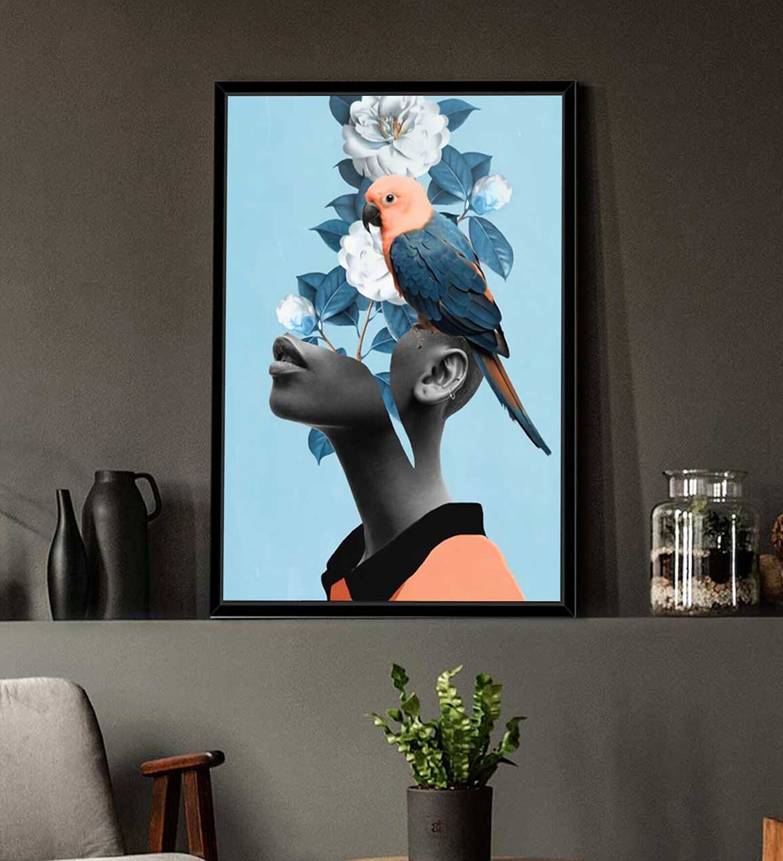 Art Street Blue Bell Girl With Flower Bouquet Framed Canvas Print For Home D cor