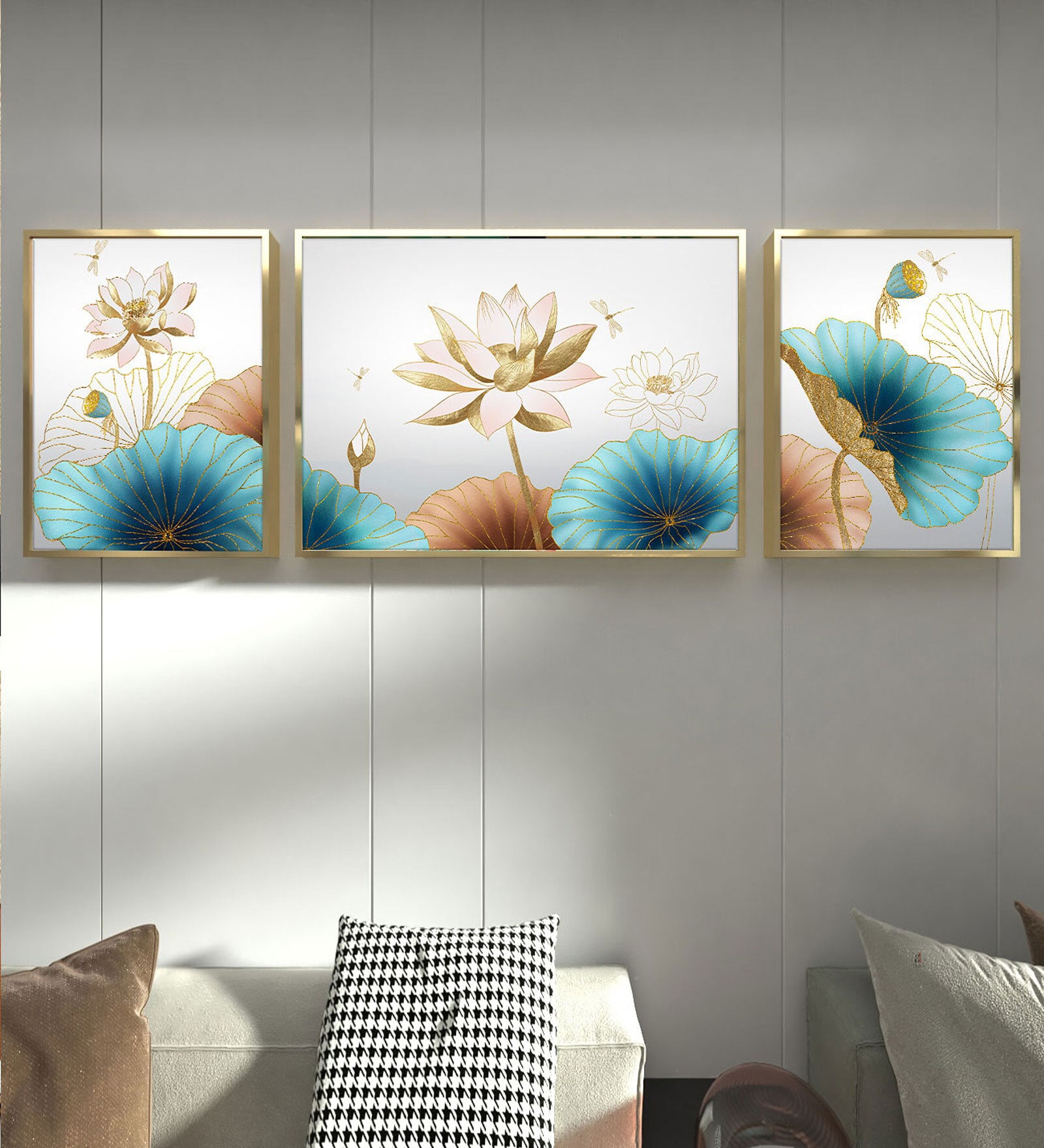 Art Street Blue Blooming Lotus Floral 3 Canvas Set Wall Painting for Home D cor