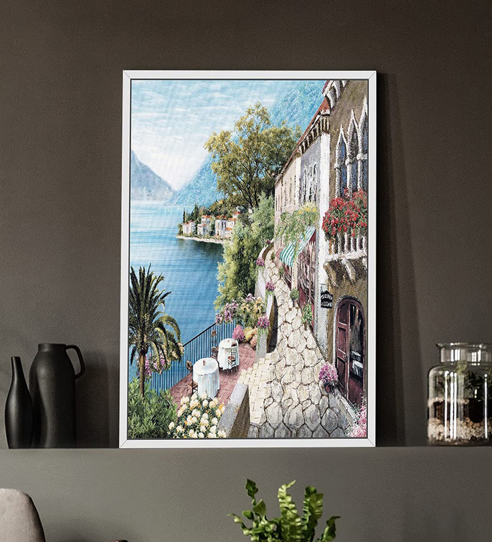 Art Street Canvas Painting Blue & Yellow House Theme Wall Art with Wooden Frame
