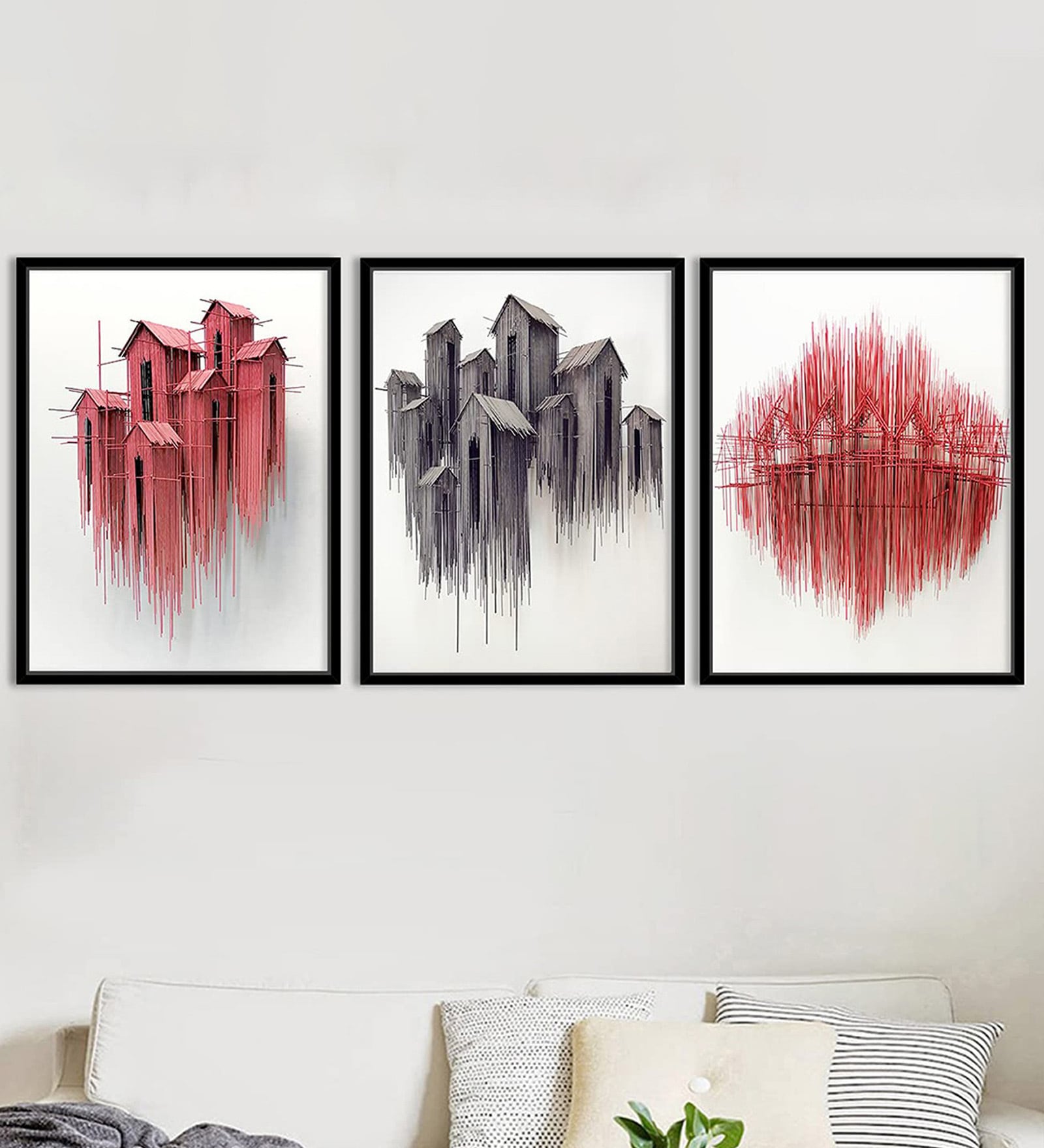 Art Street Canvas Paintings Set of 3 Red & Grey Color Abstract Theme Wall Art Paintings