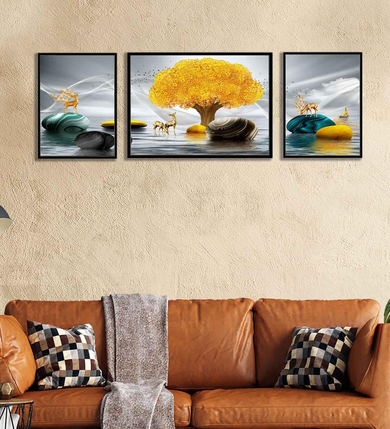 Art Street Deer Golden Tree 3 Canvas Set Art Print Painting for Home D cor